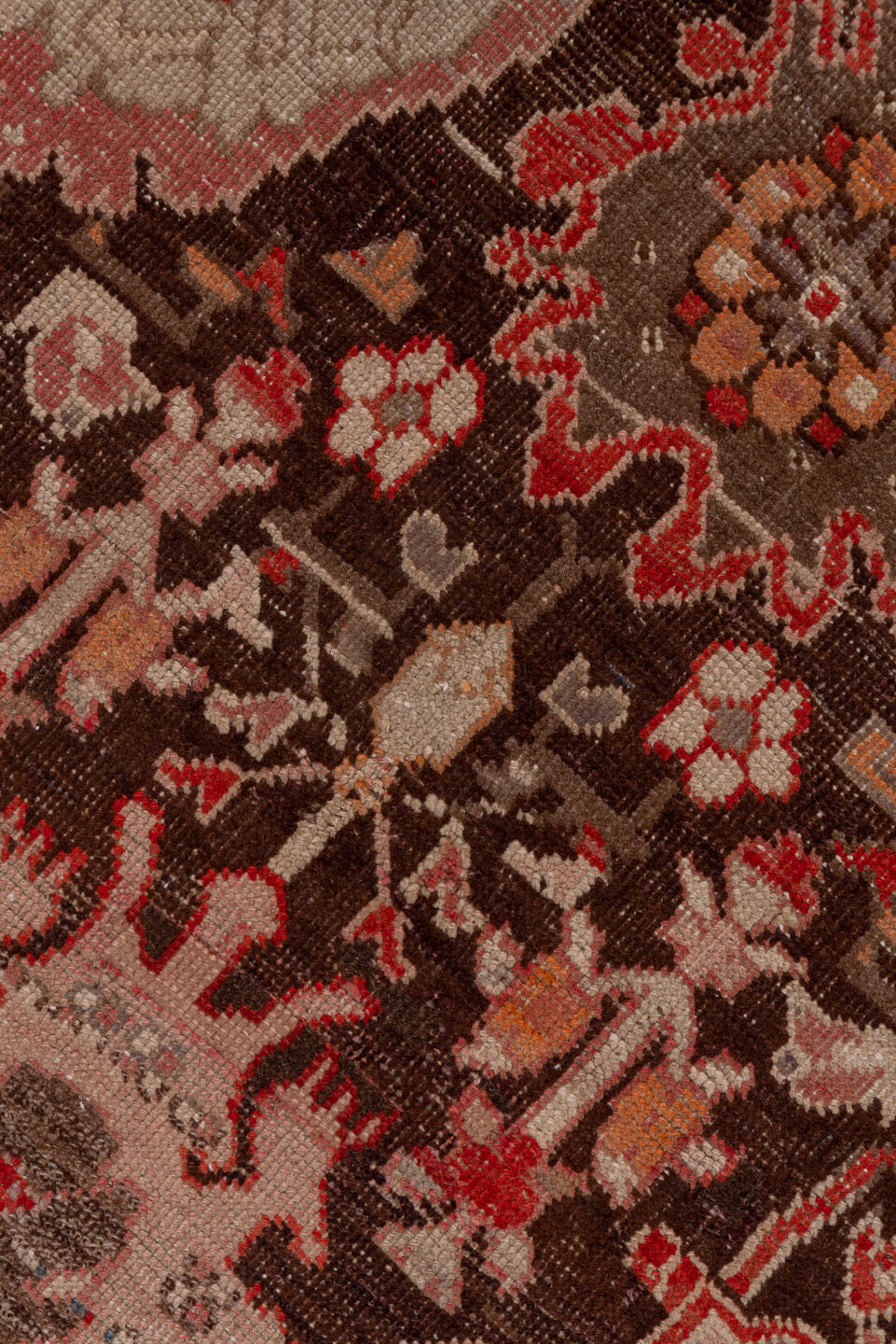 3' x 18' one-of-a-kind handmade vintage Karabagh runner rug. Color palette: brown, gray, pink, red