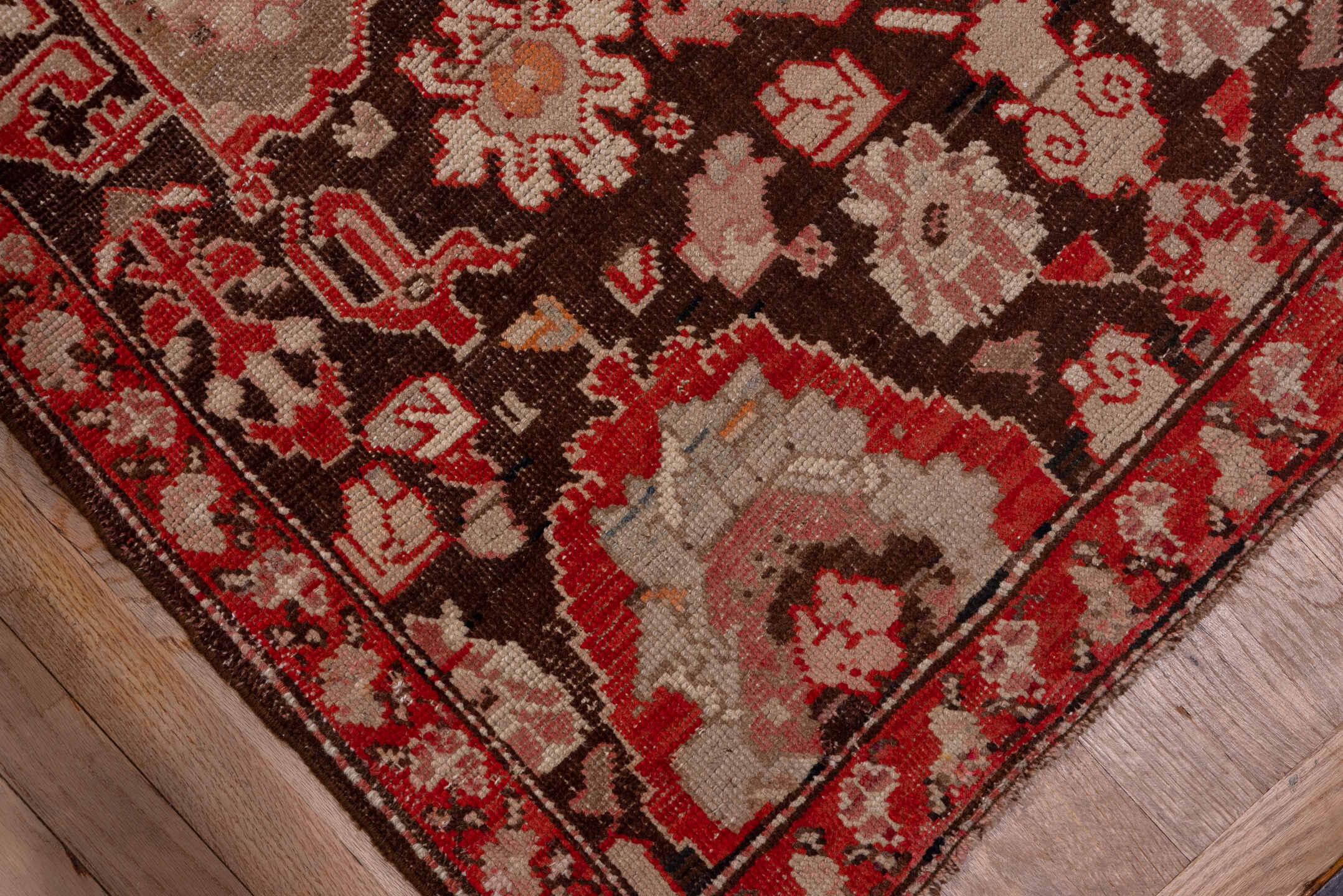 3' x 18' one-of-a-kind handmade vintage Karabagh runner rug. Color palette: brown, gray, pink, red