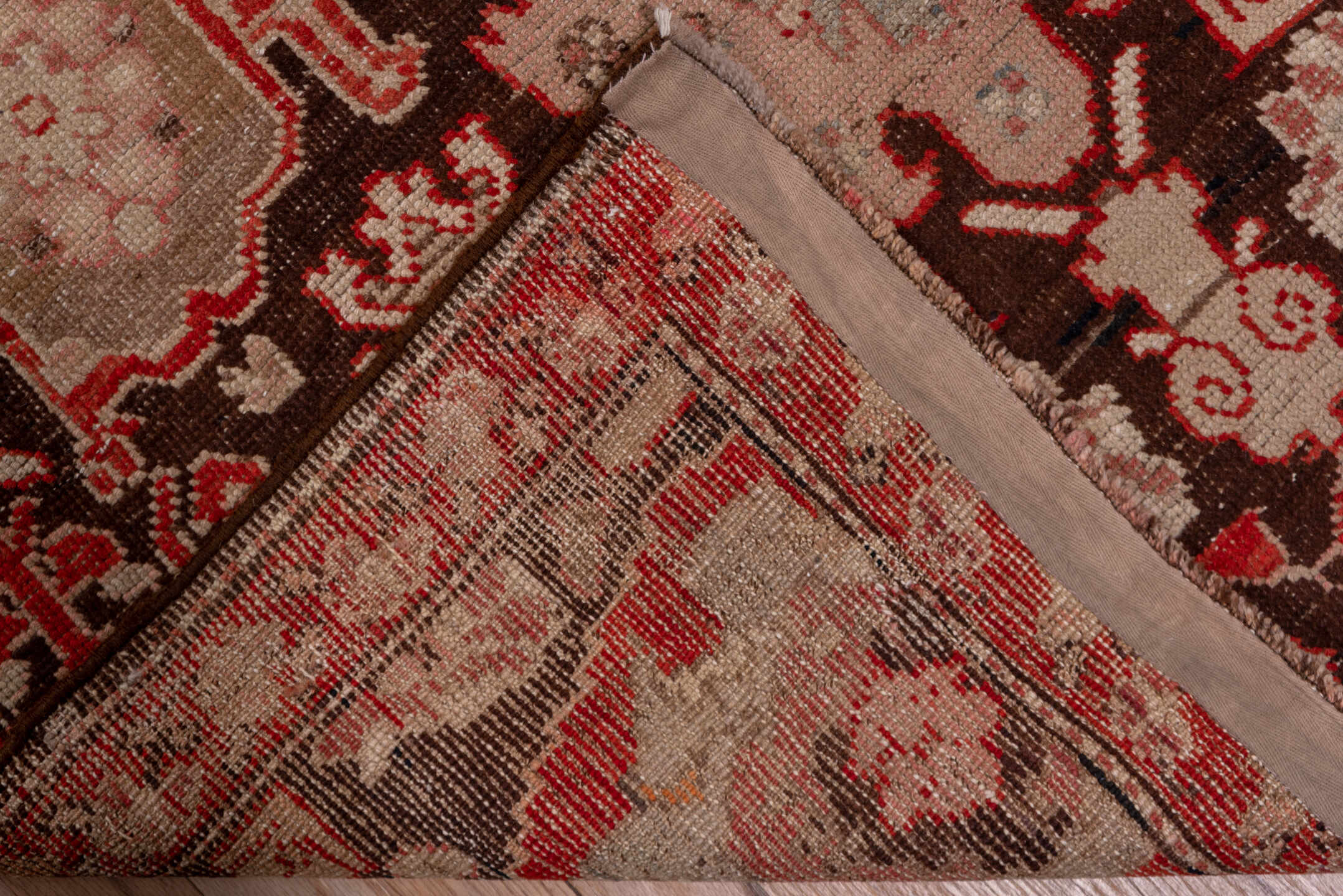 3' x 18' one-of-a-kind handmade vintage Karabagh runner rug. Color palette: brown, gray, pink, red