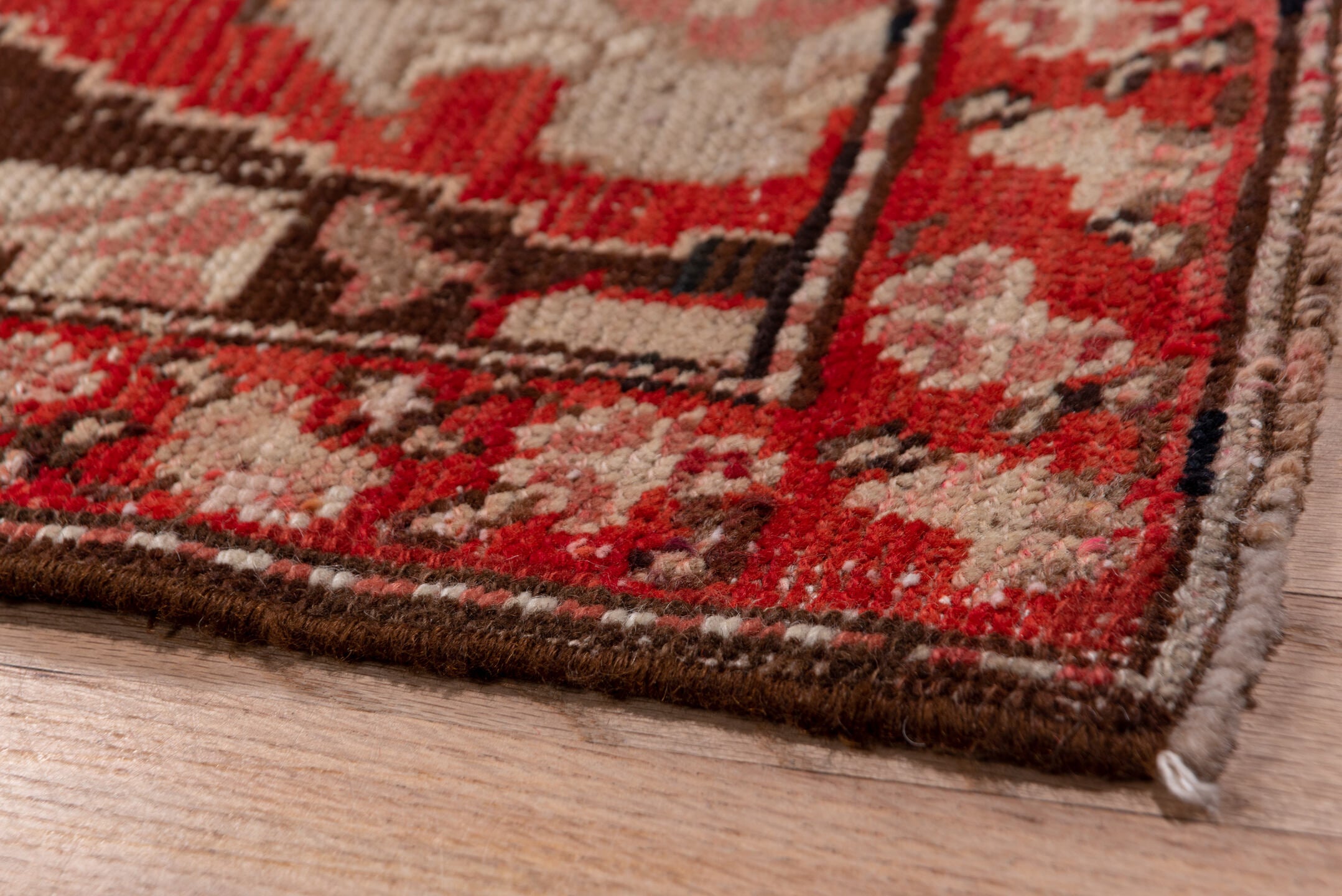 3' x 18' one-of-a-kind handmade vintage Karabagh runner rug. Color palette: brown, gray, pink, red