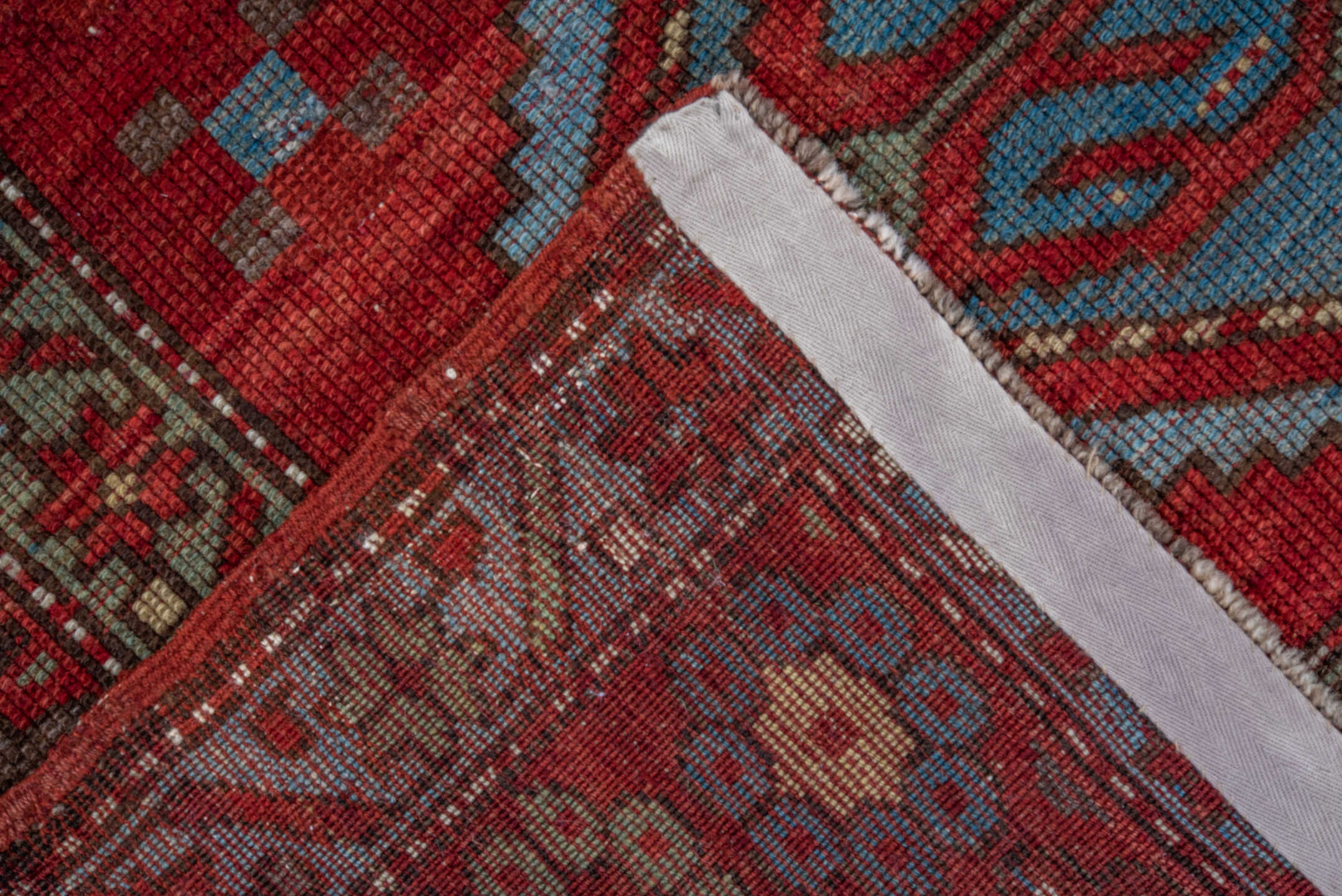 4' x 7' one-of-a-kind handmade vintage Trans Caucasian rug. Color palette: blue, brown, dim gray, gray, pink