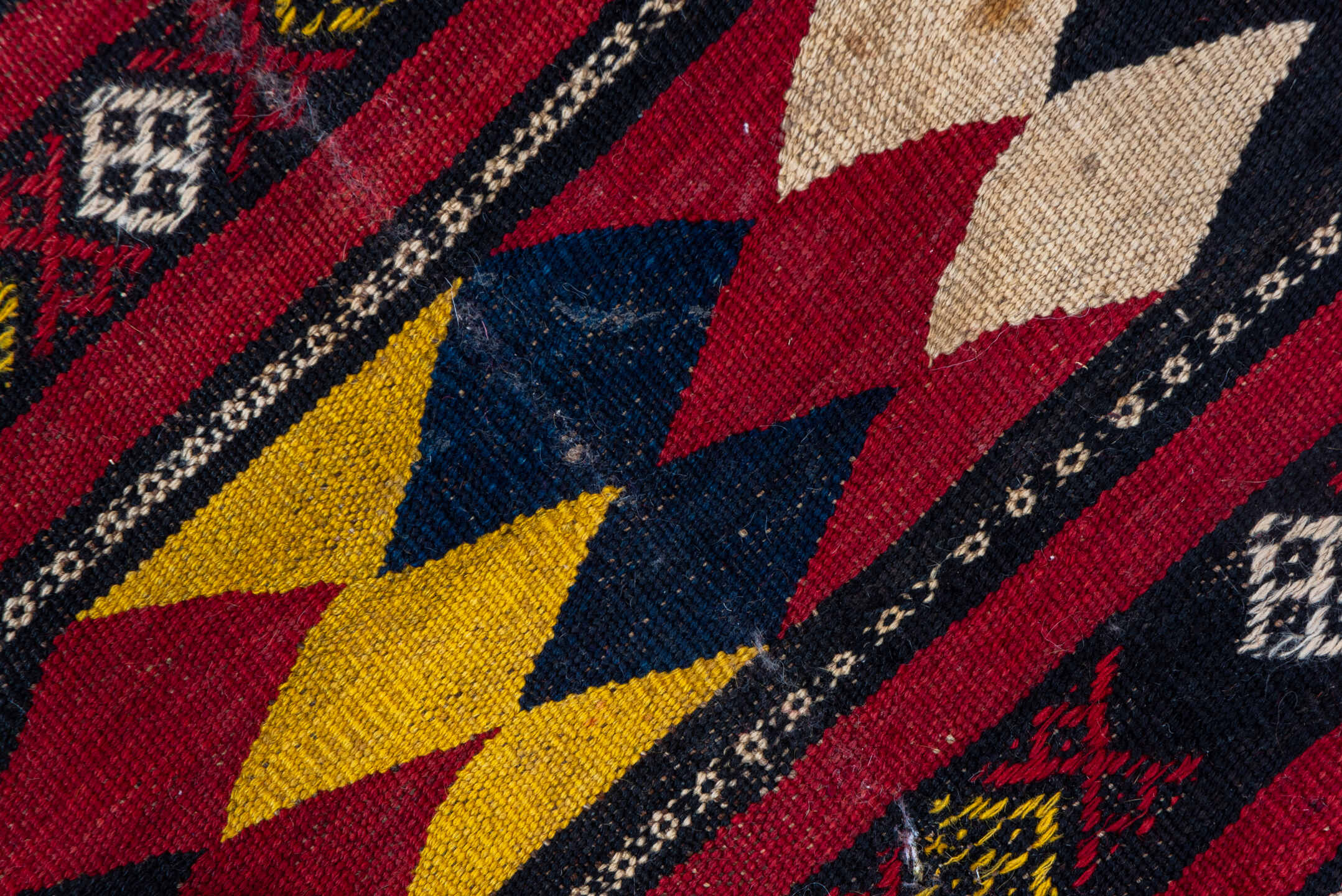5' x 10' one-of-a-kind handmade vintage Kilim medium size rug. Color palette: crimson, ivory, gold, navy, charcoal, burgundy