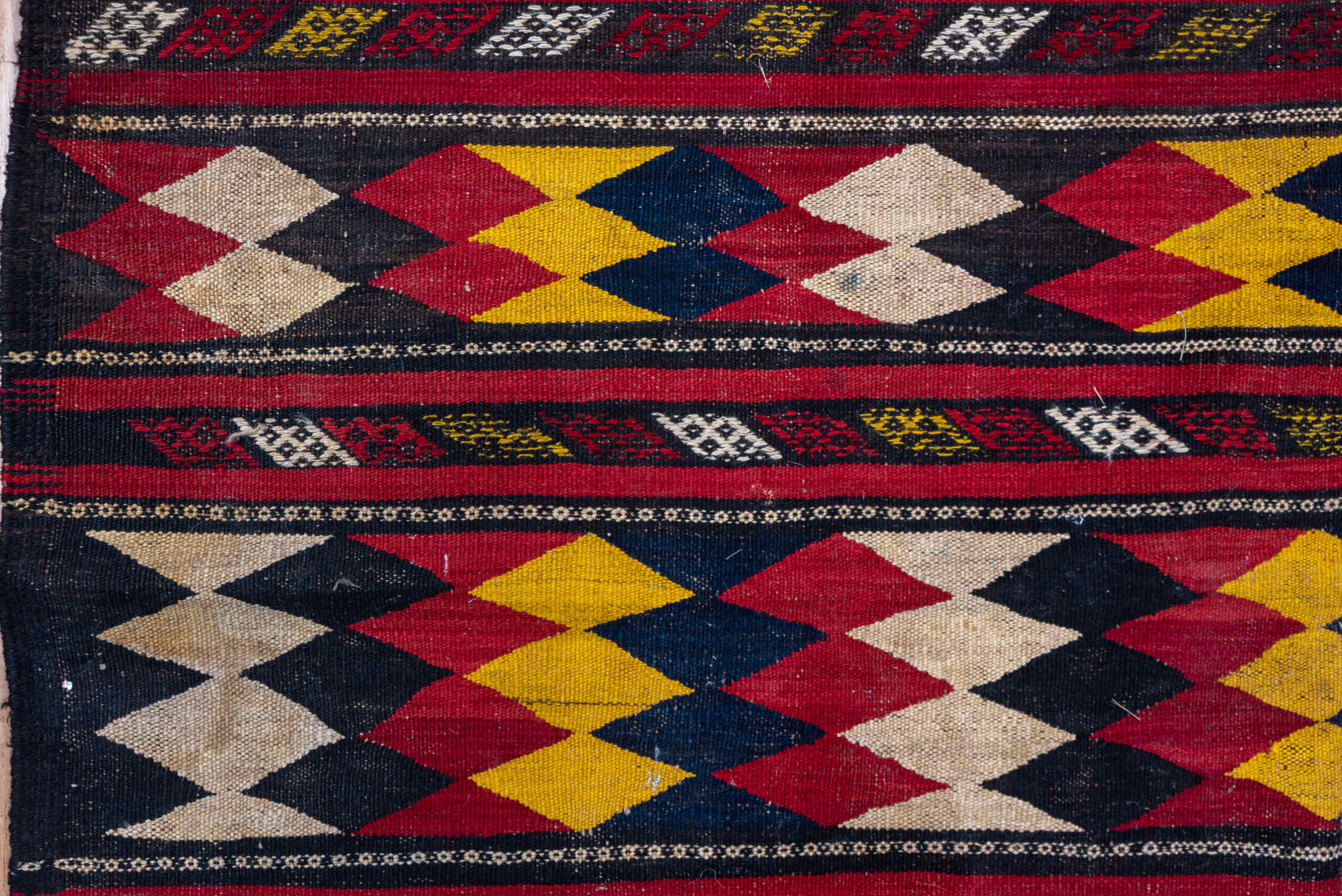 5' x 10' one-of-a-kind handmade vintage Kilim medium size rug. Color palette: crimson, ivory, gold, navy, charcoal, burgundy