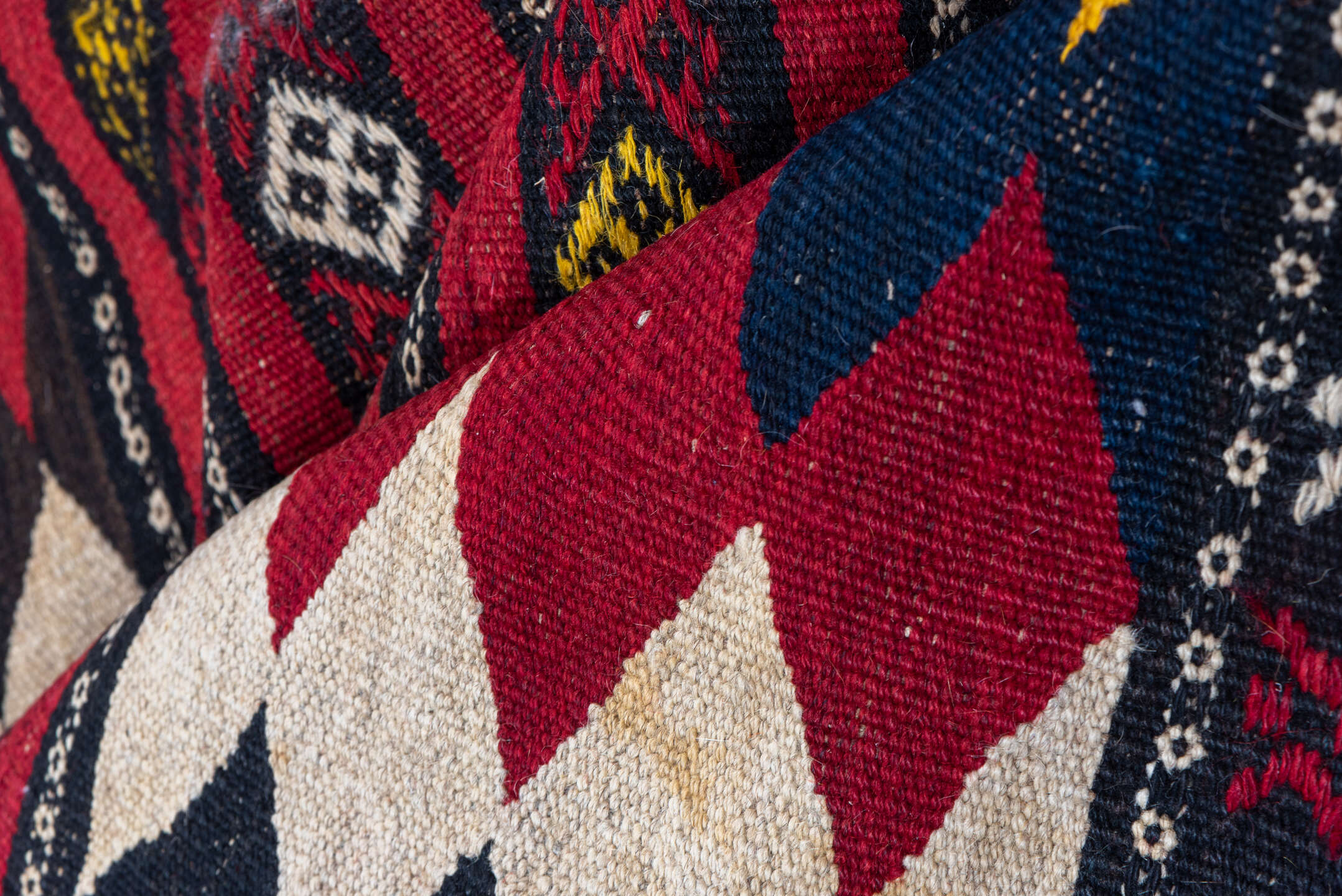 5' x 10' one-of-a-kind handmade vintage Kilim medium size rug. Color palette: crimson, ivory, gold, navy, charcoal, burgundy