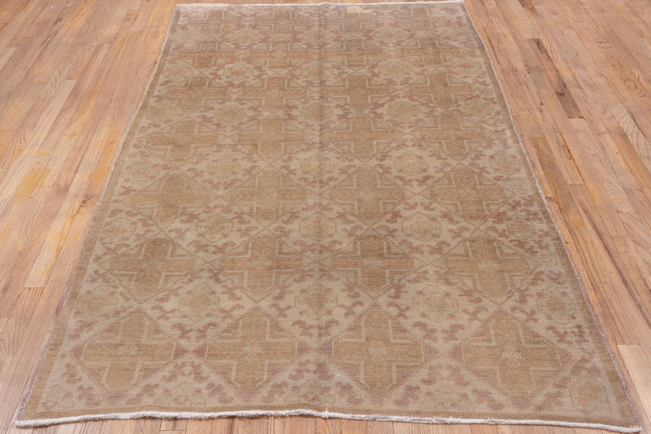 4' x 8' one-of-a-kind handmade vintage Oushak rug. Color palette: beige, taupe, blush, dusty rose, ivory, gray, pink