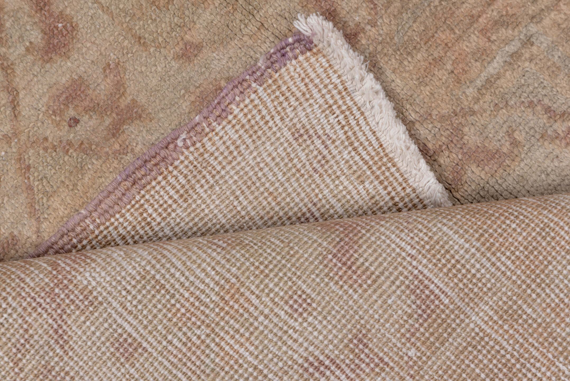 4' x 8' one-of-a-kind handmade vintage Oushak rug. Color palette: beige, taupe, blush, dusty rose, ivory, gray, pink
