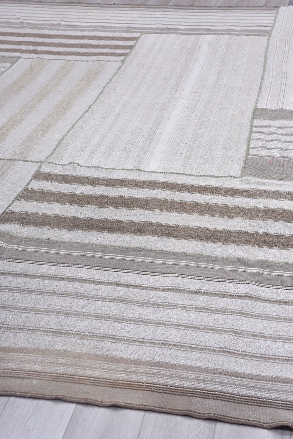 10' x 14' one-of-a-kind handmade antique Flatweave large size rug. Color palette: ivory, taupe, beige, camel, greige, gray