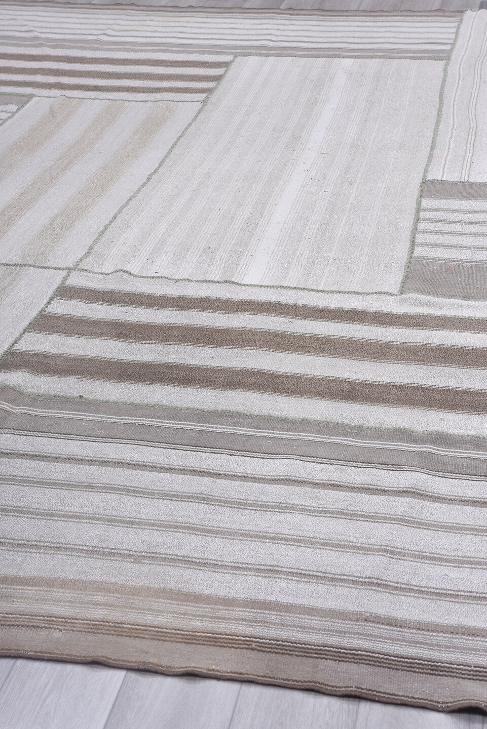 10' x 14' one-of-a-kind handmade antique Flatweave large size rug. Color palette: ivory, taupe, beige, camel, greige, gray