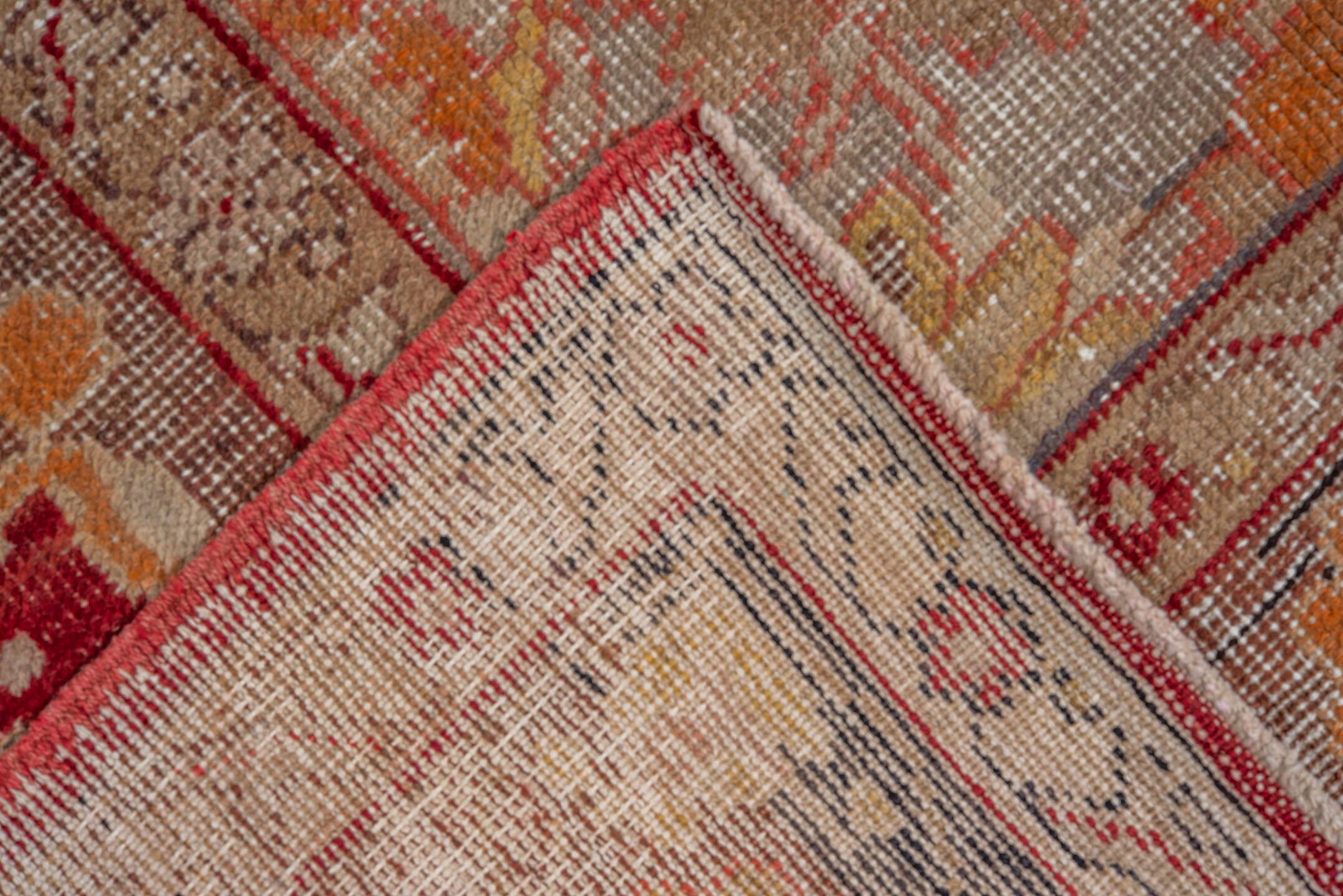 9' x 14' one-of-a-kind handmade vintage Oushak large size rug. Color palette: brown, gray, pink, red