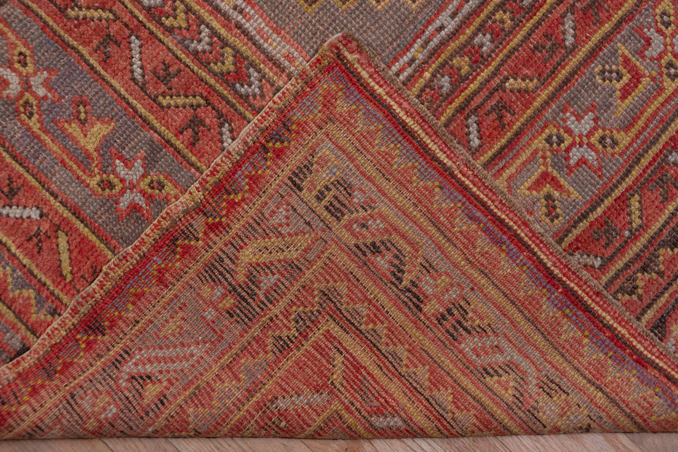 13' x 15' one-of-a-kind handmade vintage Oushak oversize rug. Color palette: pink, brown, red, redwood