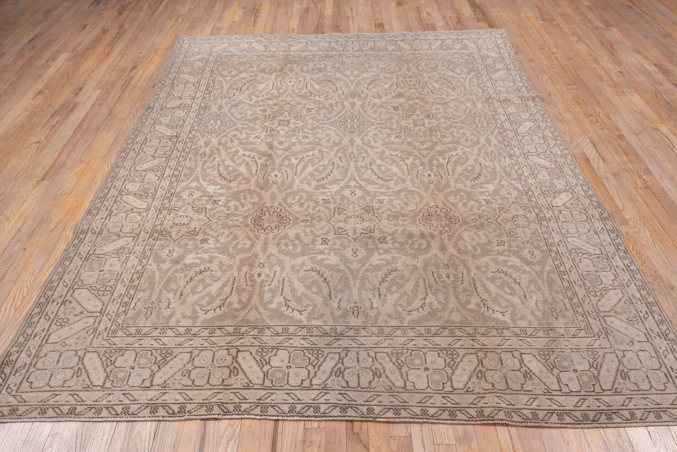 6' x 9' one-of-a-kind handmade vintage Oushak medium size rug. Color palette: taupe, beige, ivory, camel, brown, gray