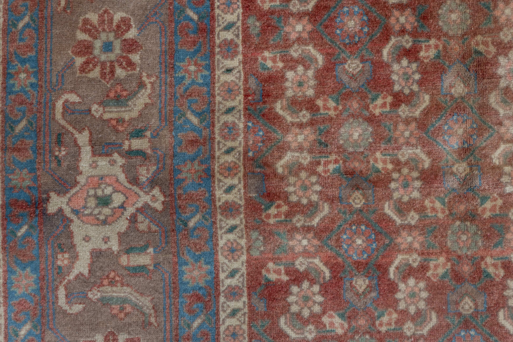 6' x 9' one-of-a-kind handmade vintage Bidjar medium size rug. Color palette: rust, taupe, slate blue, camel, ivory, brown