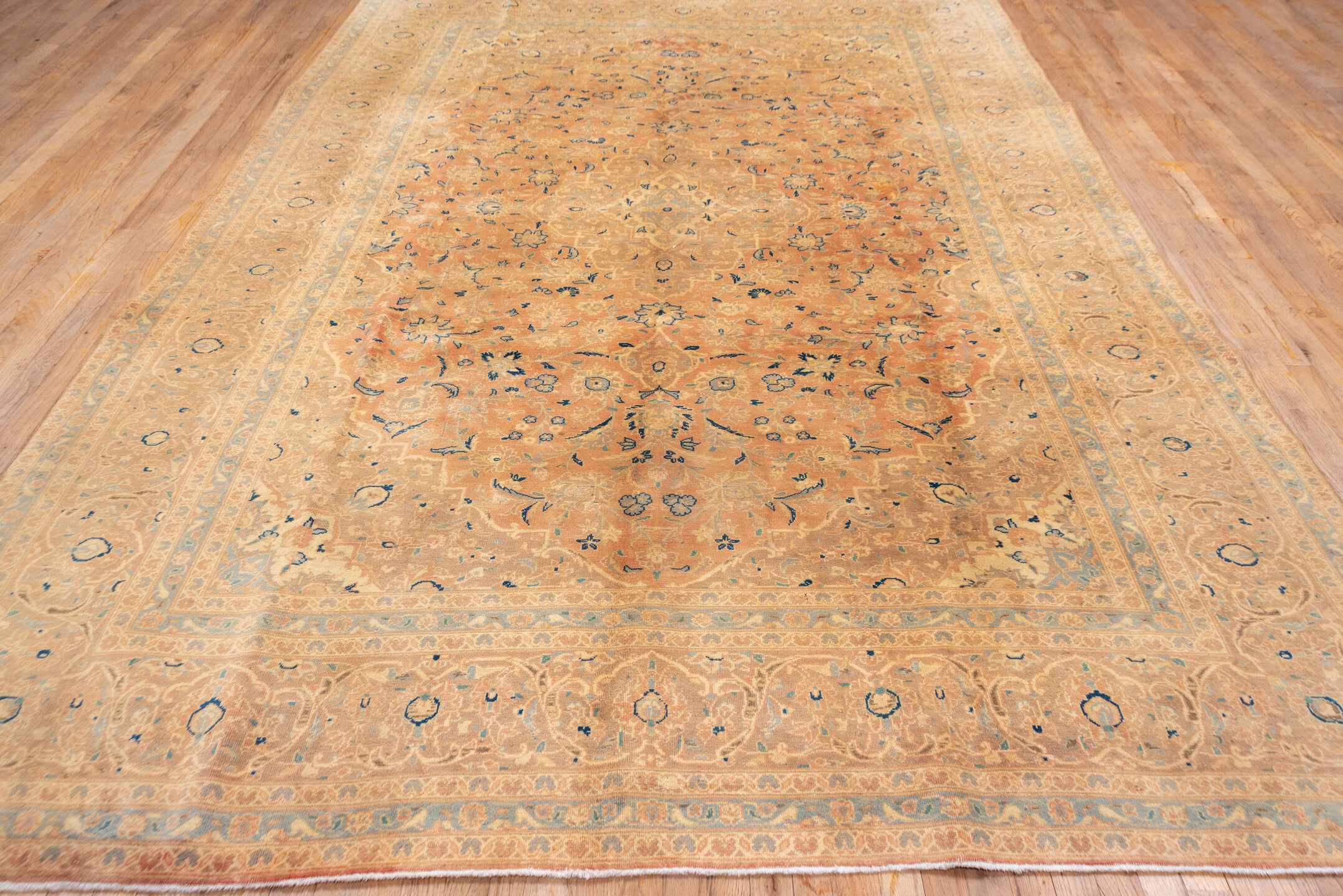 8' x 12' one-of-a-kind handmade vintage Kashan large size rug. Color palette: blush, peach, ivory, camel, powder_blue, taupe