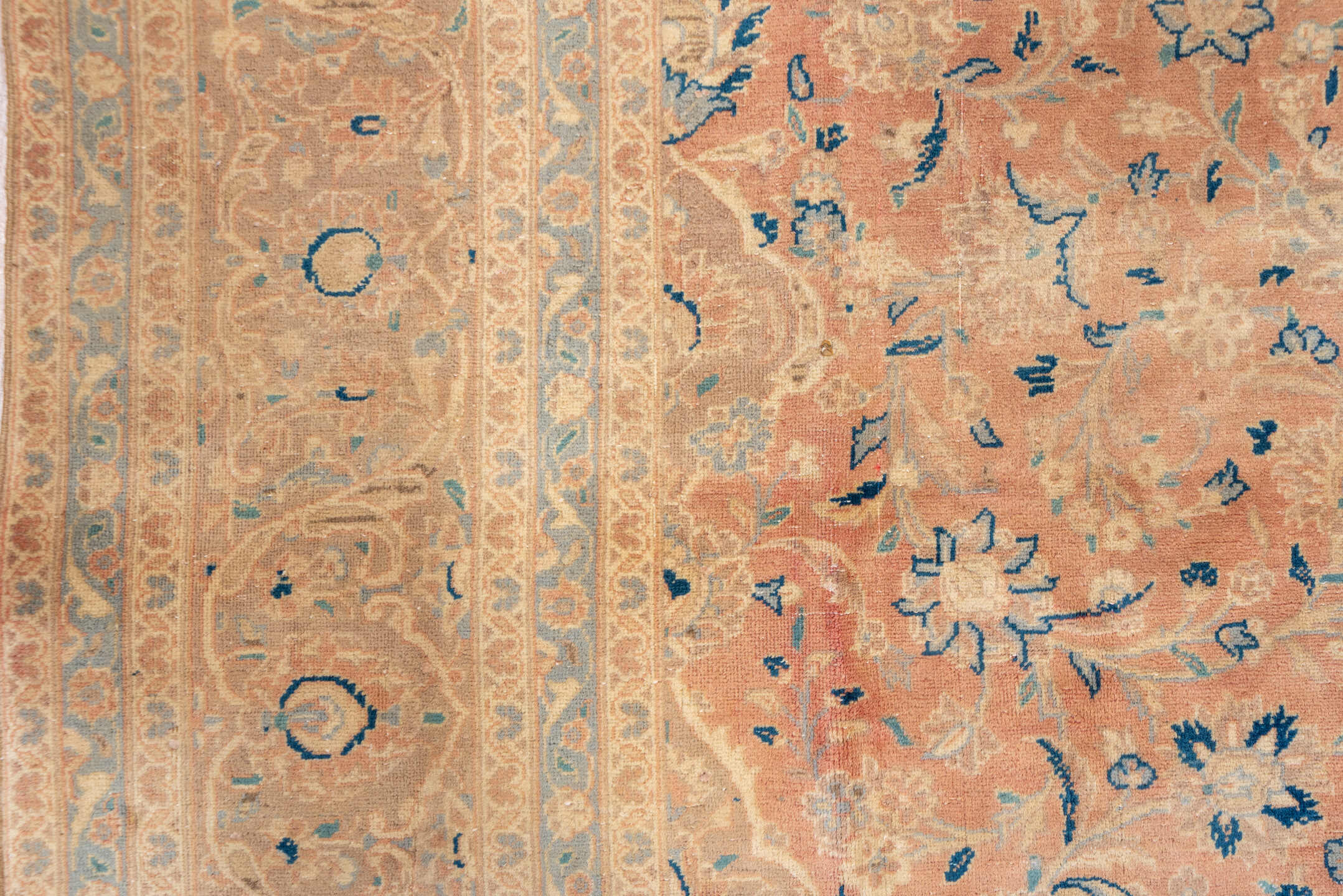 8' x 12' one-of-a-kind handmade vintage Kashan large size rug. Color palette: blush, peach, ivory, camel, powder_blue, taupe