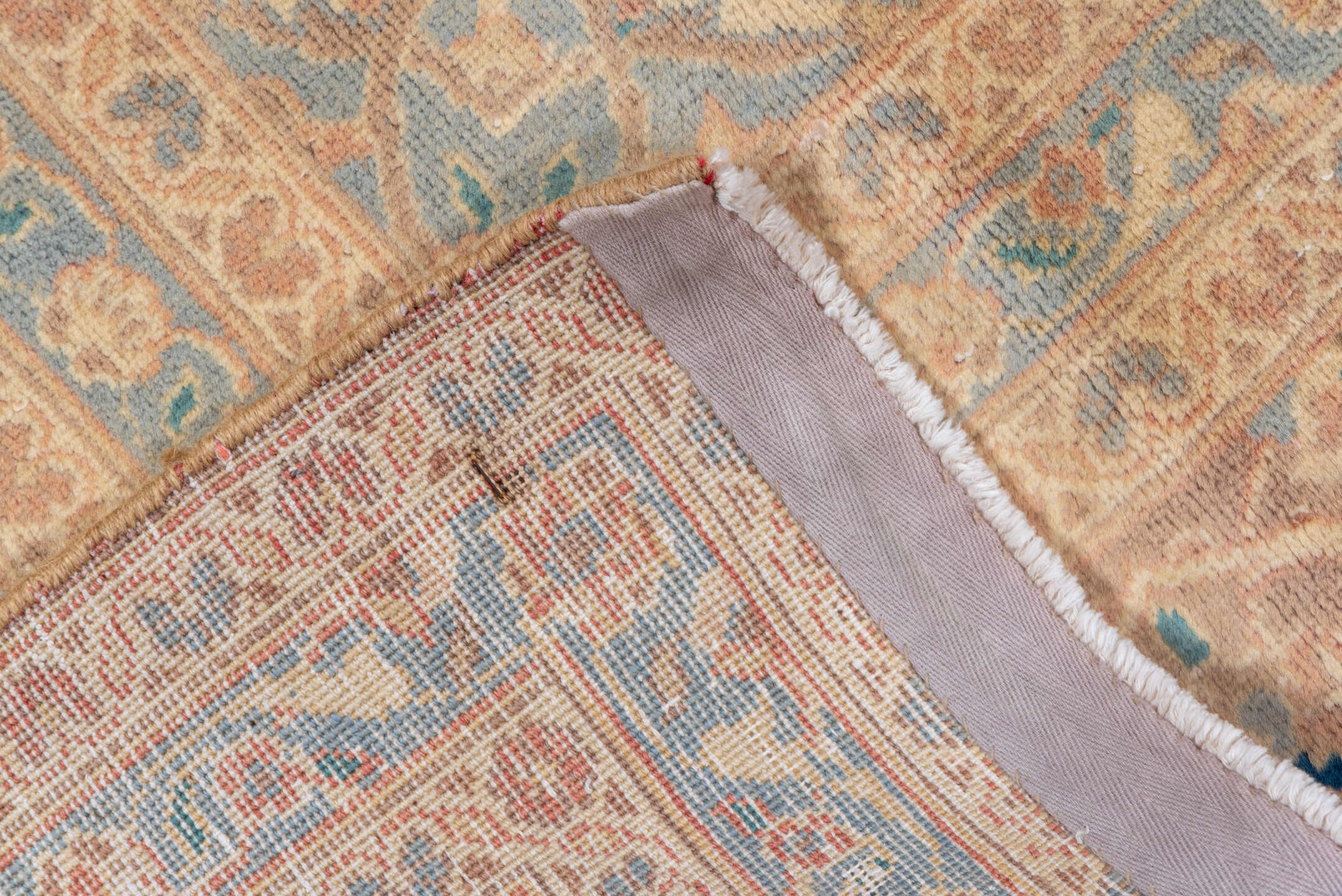 8' x 12' one-of-a-kind handmade vintage Kashan large size rug. Color palette: blush, peach, ivory, camel, powder_blue, taupe