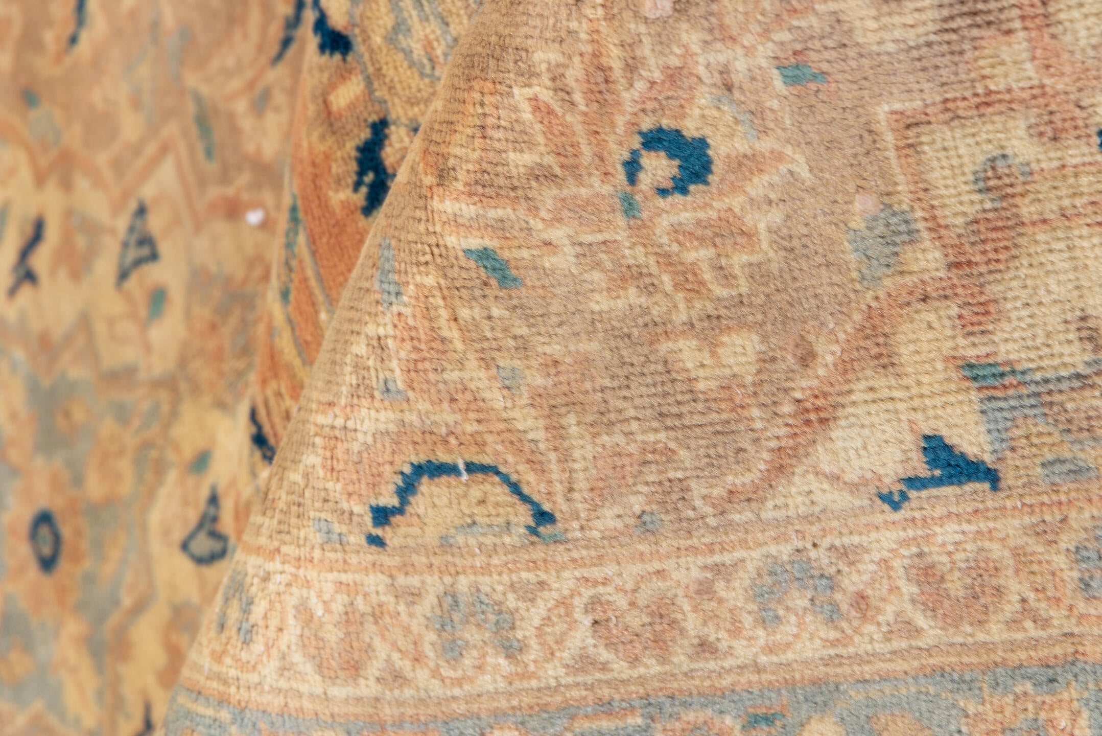 8' x 12' one-of-a-kind handmade vintage Kashan large size rug. Color palette: blush, peach, ivory, camel, powder_blue, taupe