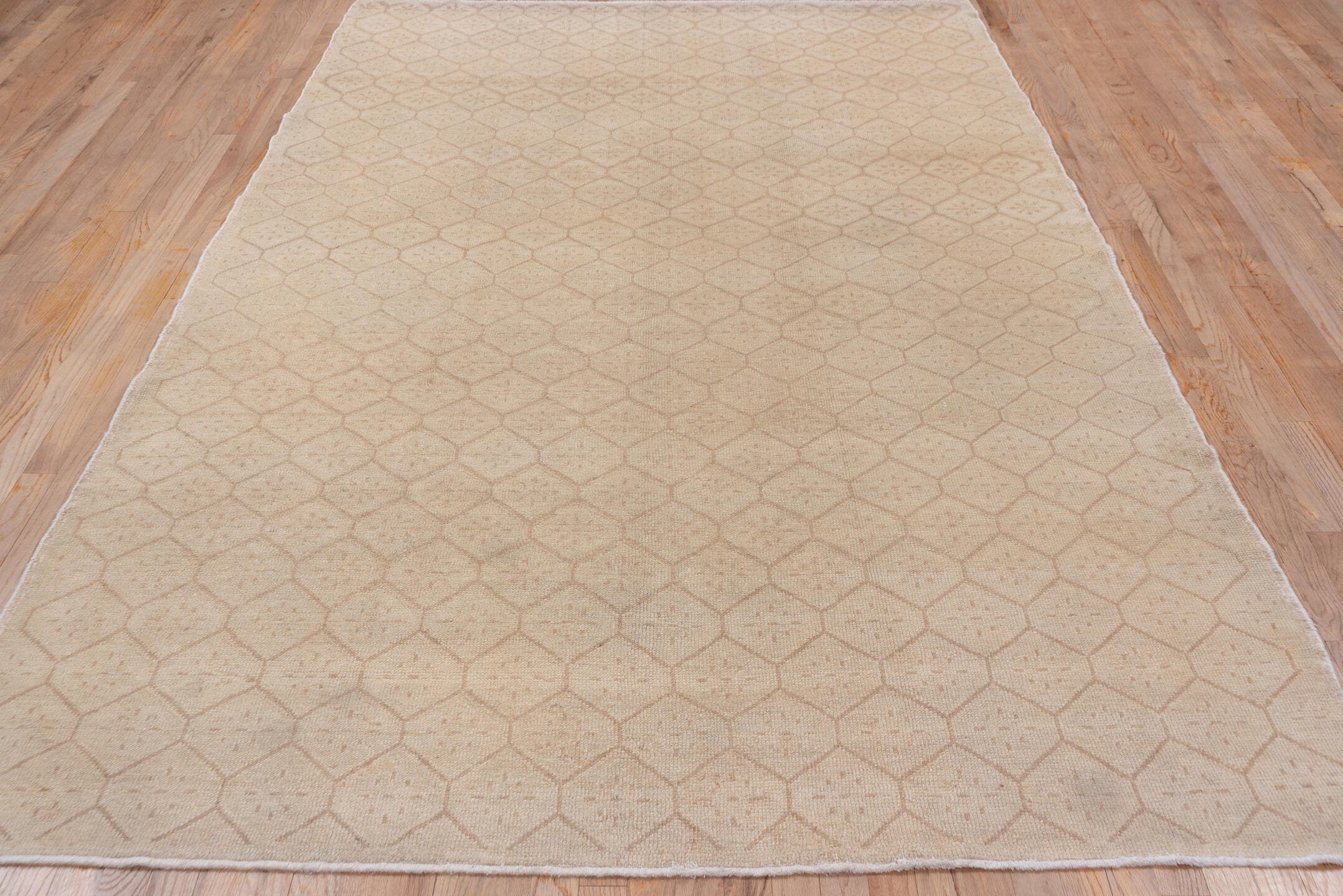 6' x 9' one-of-a-kind handmade vintage Oushak medium size rug. Color palette: ivory, beige, taupe, sand, gray
