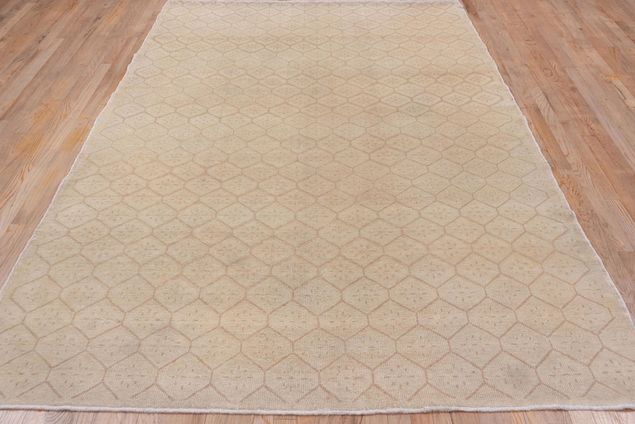6' x 9' one-of-a-kind handmade vintage Oushak medium size rug. Color palette: ivory, beige, taupe, sand, gray