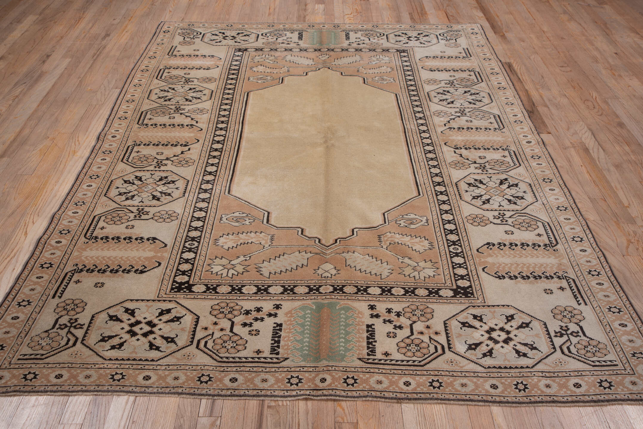 6' x 8' one-of-a-kind handmade vintage Oushak medium size rug. Color palette: camel, blush, ivory, charcoal, sage, taupe