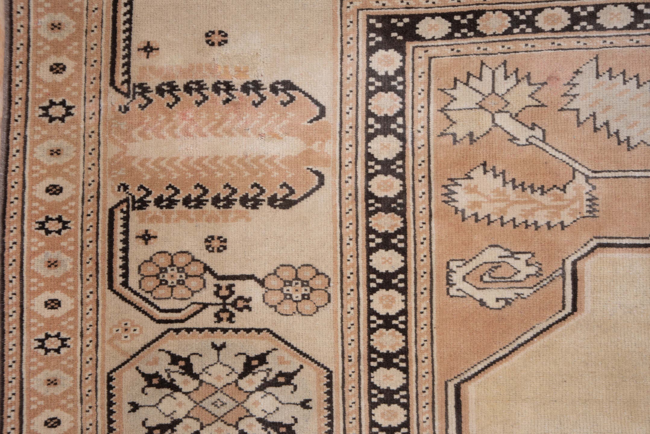 6' x 8' one-of-a-kind handmade vintage Oushak medium size rug. Color palette: camel, blush, ivory, charcoal, sage, taupe