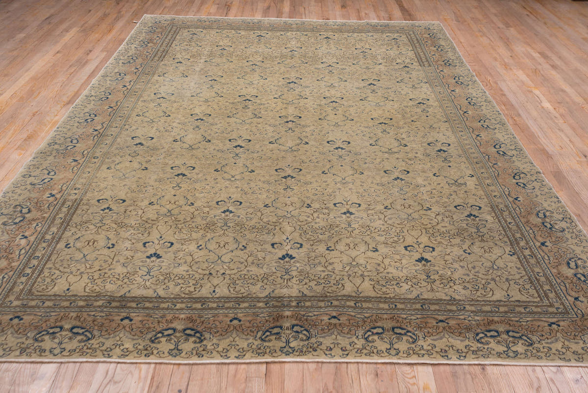 8' x 12' one-of-a-kind handmade vintage Oushak large size rug. Color palette: beige, taupe, blue, ivory, camel, slate, gray