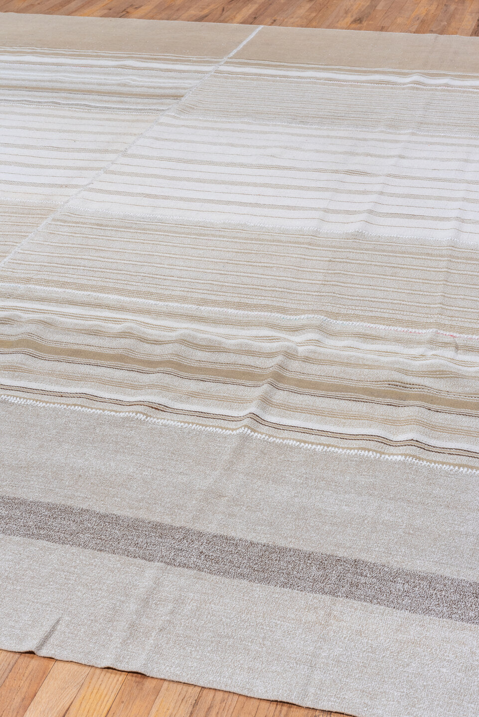 11' x 12' one-of-a-kind handmade antique Flatweave oversize rug. Color palette: ivory, beige, taupe, light brown, cream