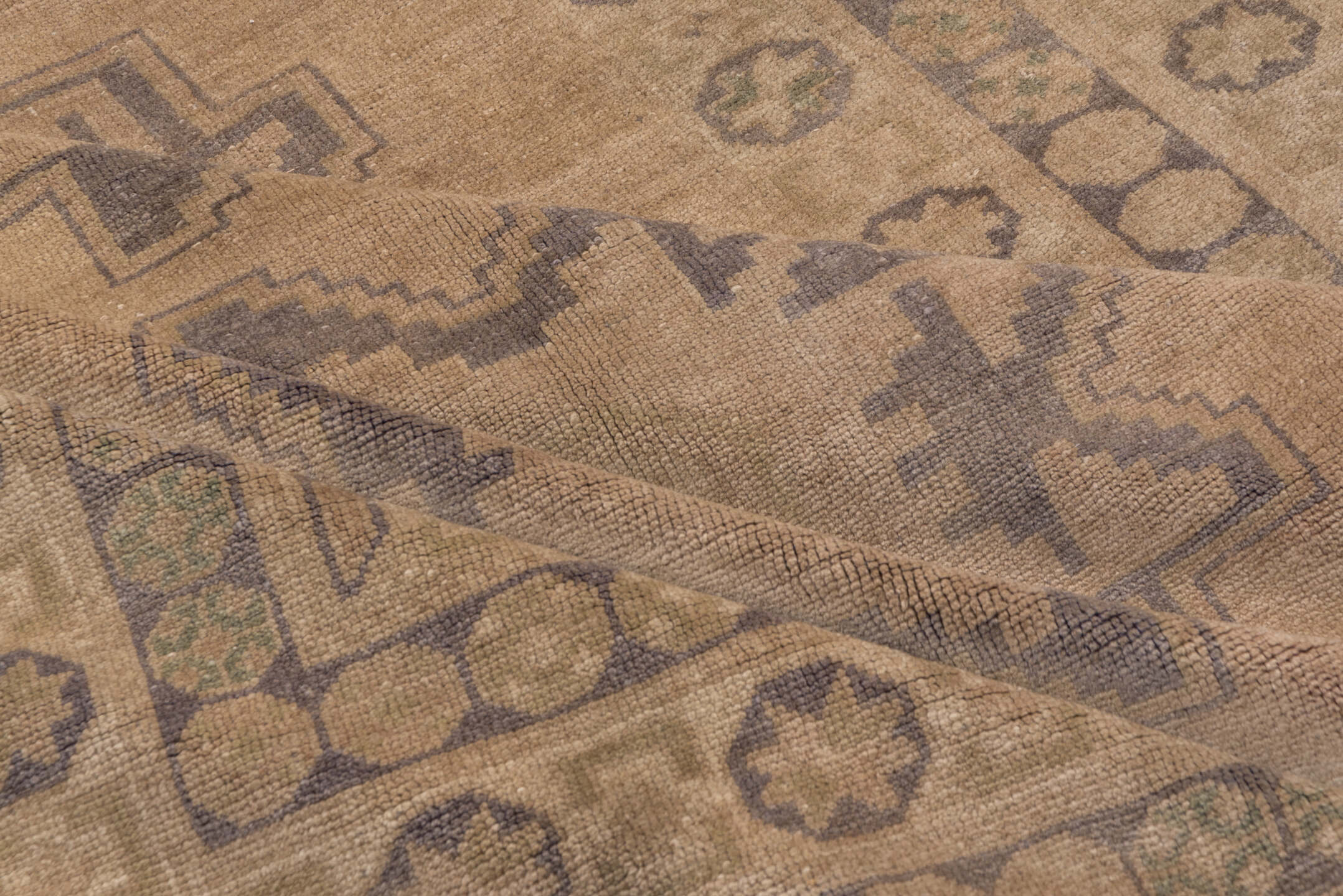 5' x 9' one-of-a-kind handmade vintage Oushak medium size rug. Color palette: beige, taupe, ivory, slate, camel, dusty blue