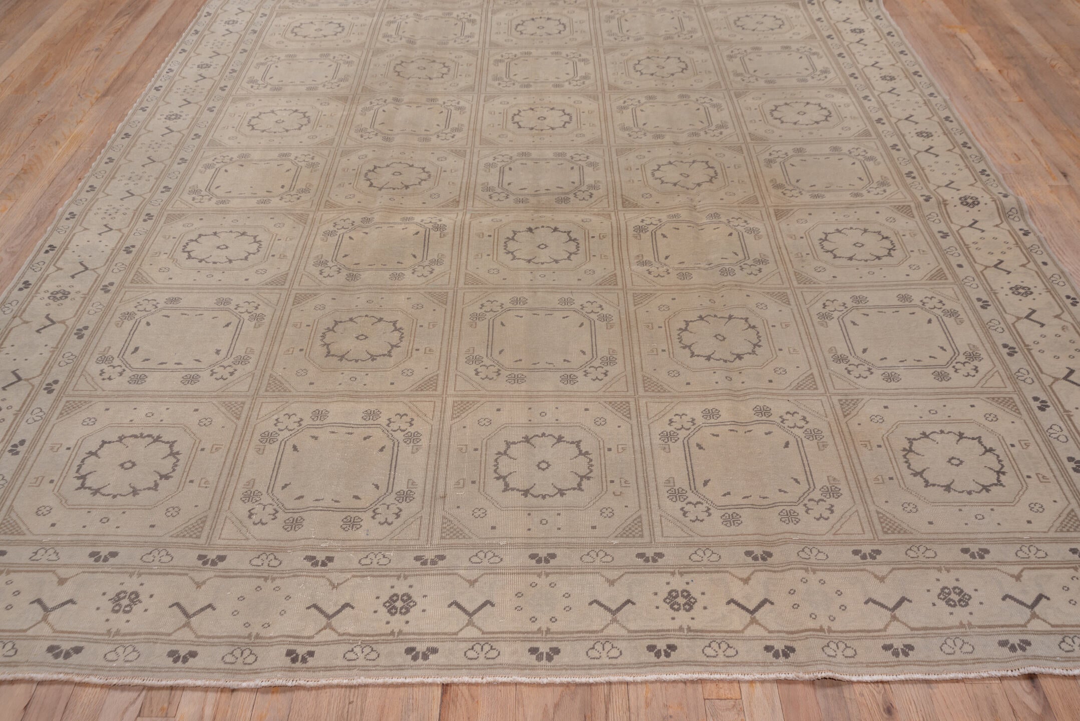 8' x 12' one-of-a-kind handmade vintage Kaisary large size rug. Color palette: beige, taupe, ivory, brown, camel, gray