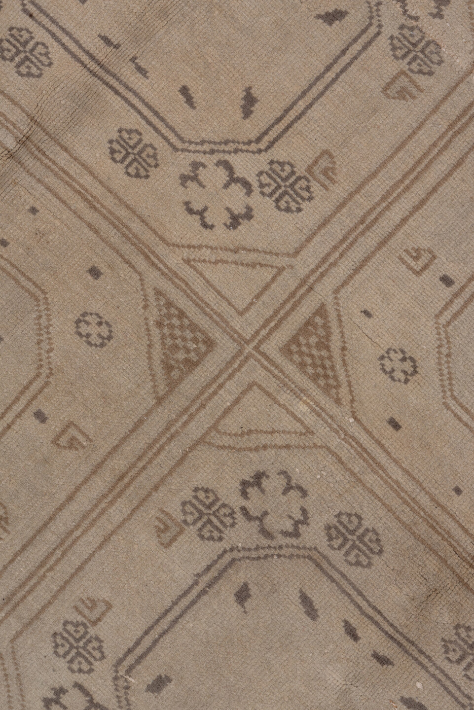 8' x 12' one-of-a-kind handmade vintage Kaisary large size rug. Color palette: beige, taupe, ivory, brown, camel, gray