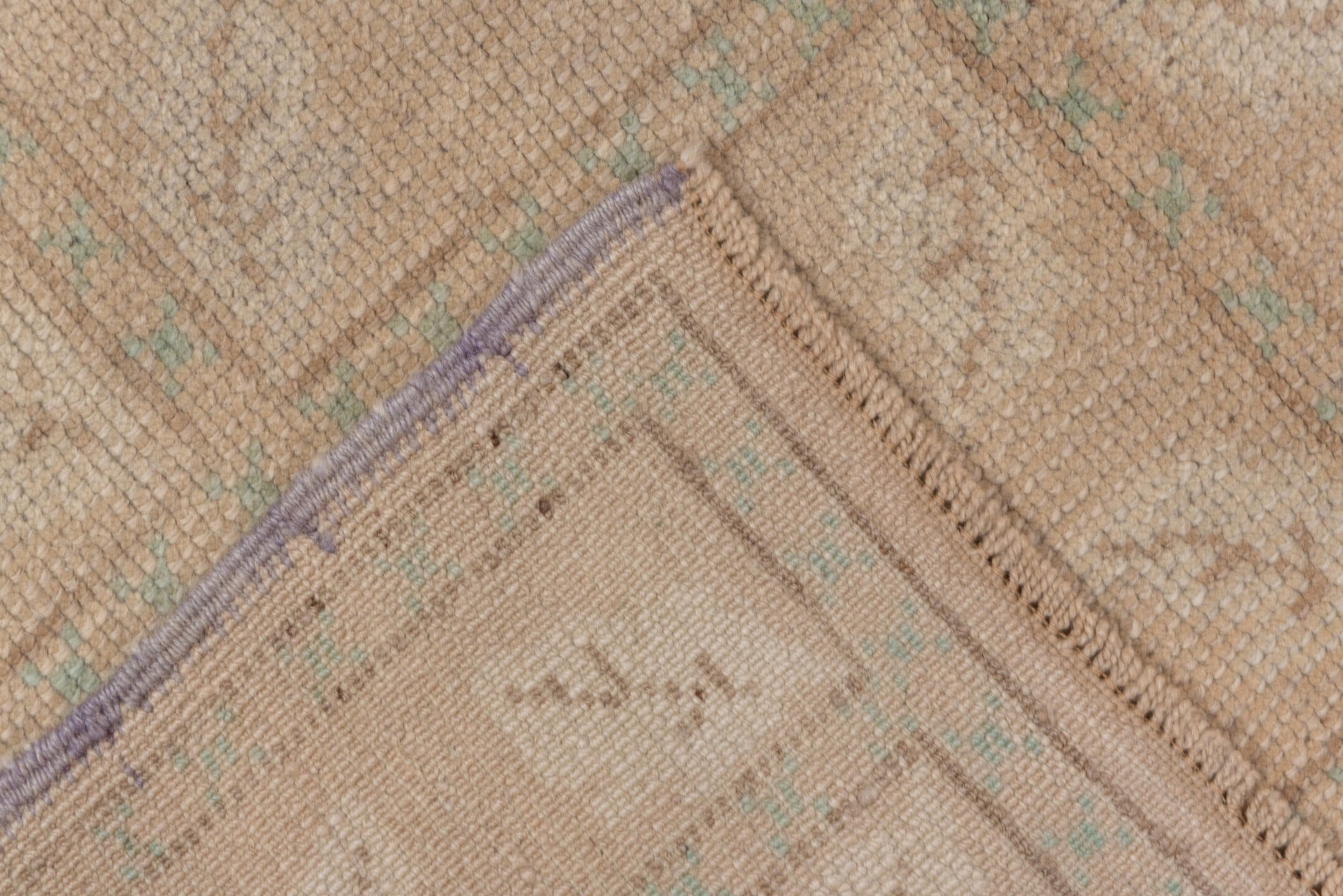 4' x 7' one-of-a-kind handmade vintage Oushak rug. Color palette: beige, taupe, ivory, pale aqua, sand, gray, teal