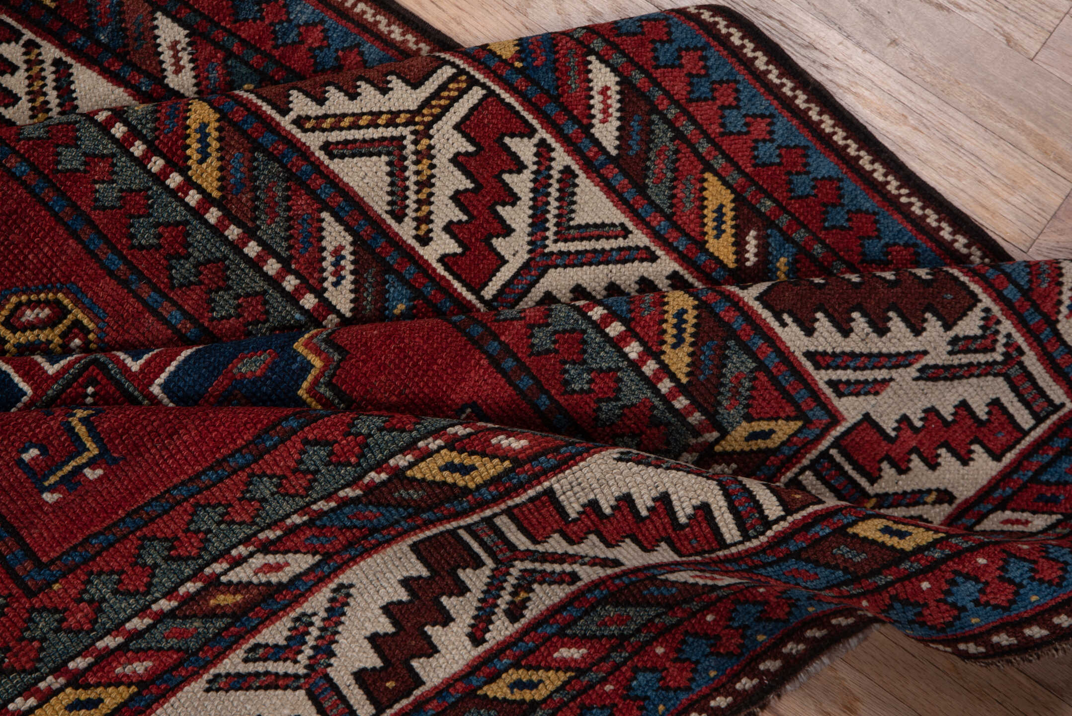 9' x 11' one-of-a-kind handmade vintage Afghan large size rug. Color palette: rust, navy, ivory, crimson, camel, charcoal