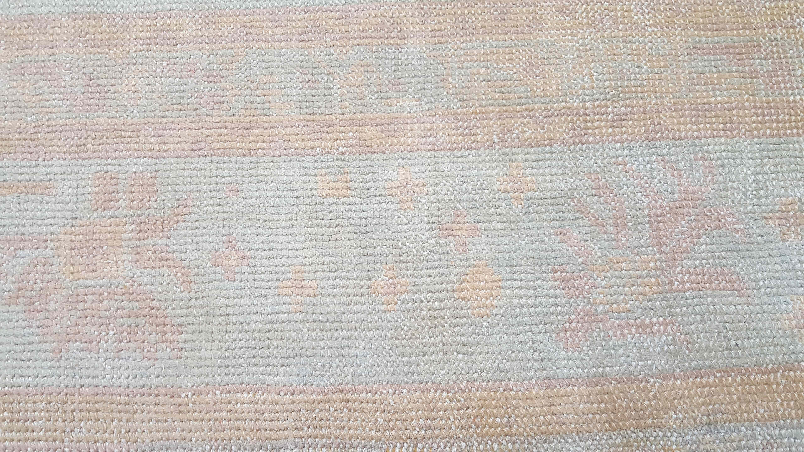 12' x 14' one-of-a-kind handmade vintage Kilim oversize rug. Color palette: ivory, sand, beige, cream, pale gold, blush