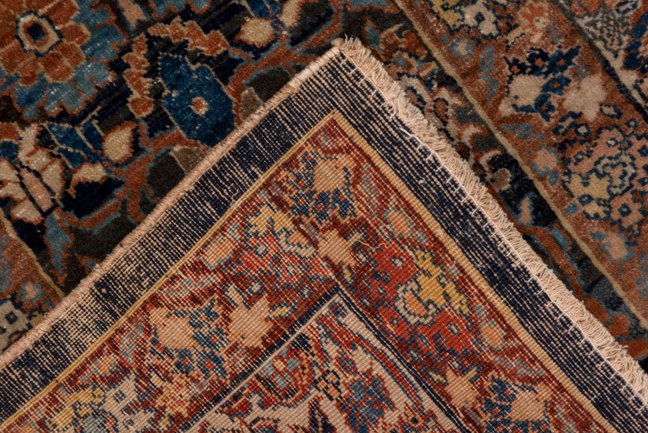2' x 3' one-of-a-kind handmade vintage Tabriz small size rug. Color palette: camel, ivory, navy, brown, rust, sky_blue