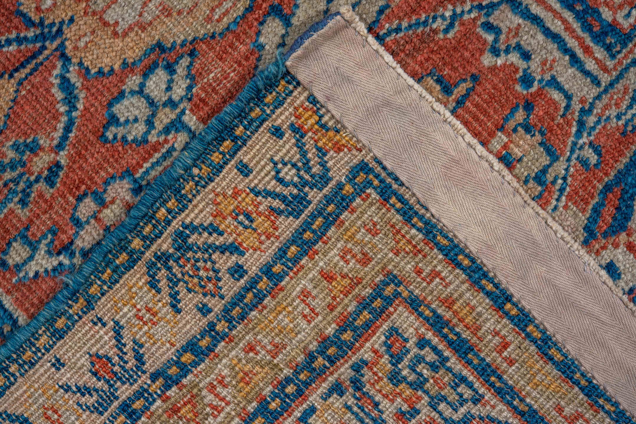11' x 15' one-of-a-kind handmade vintage Kilim oversize rug. Color palette: navy, terracotta, ivory, rust, camel, slate