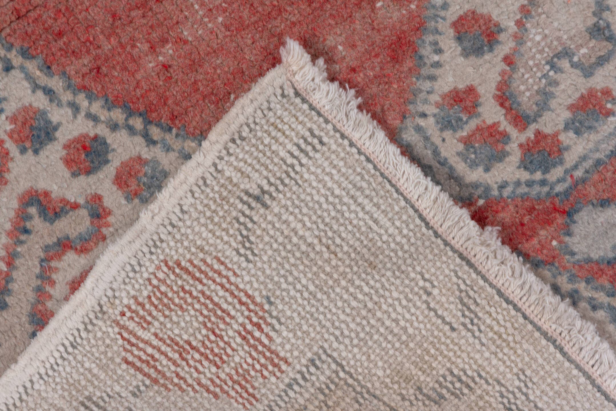 4' x 7' one-of-a-kind handmade vintage Oushak rug. Color palette: ivory, coral, blue_gray, taupe, sage, terracotta, gray