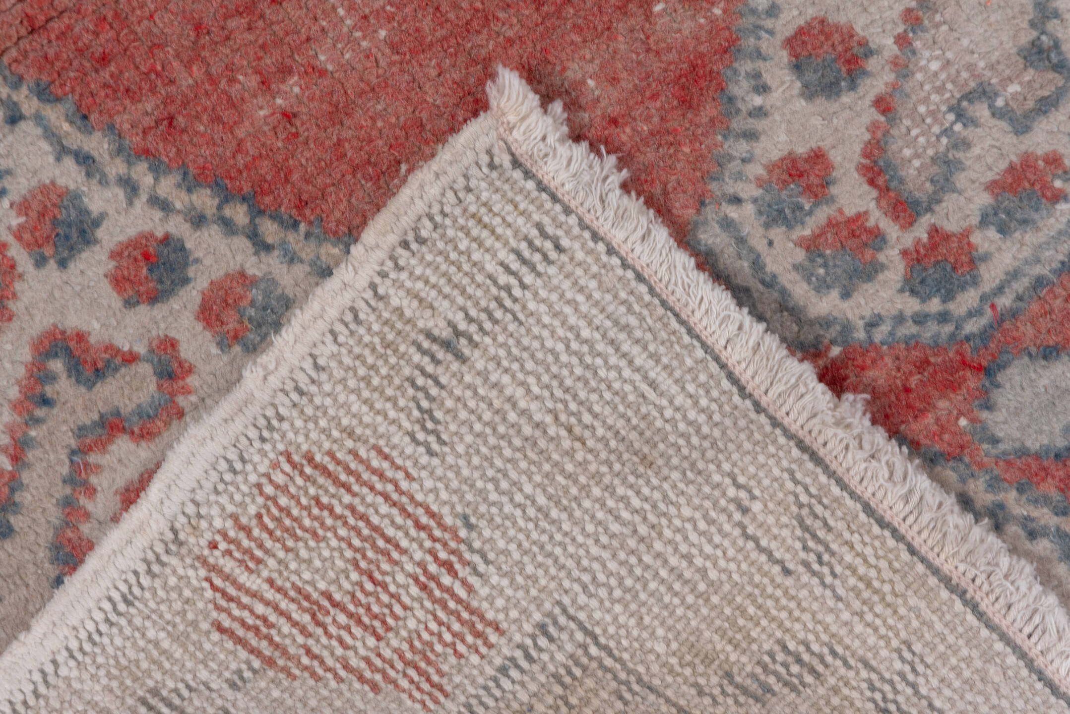 4' x 7' one-of-a-kind handmade vintage Oushak rug. Color palette: ivory, coral, blue_gray, taupe, sage, terracotta, gray