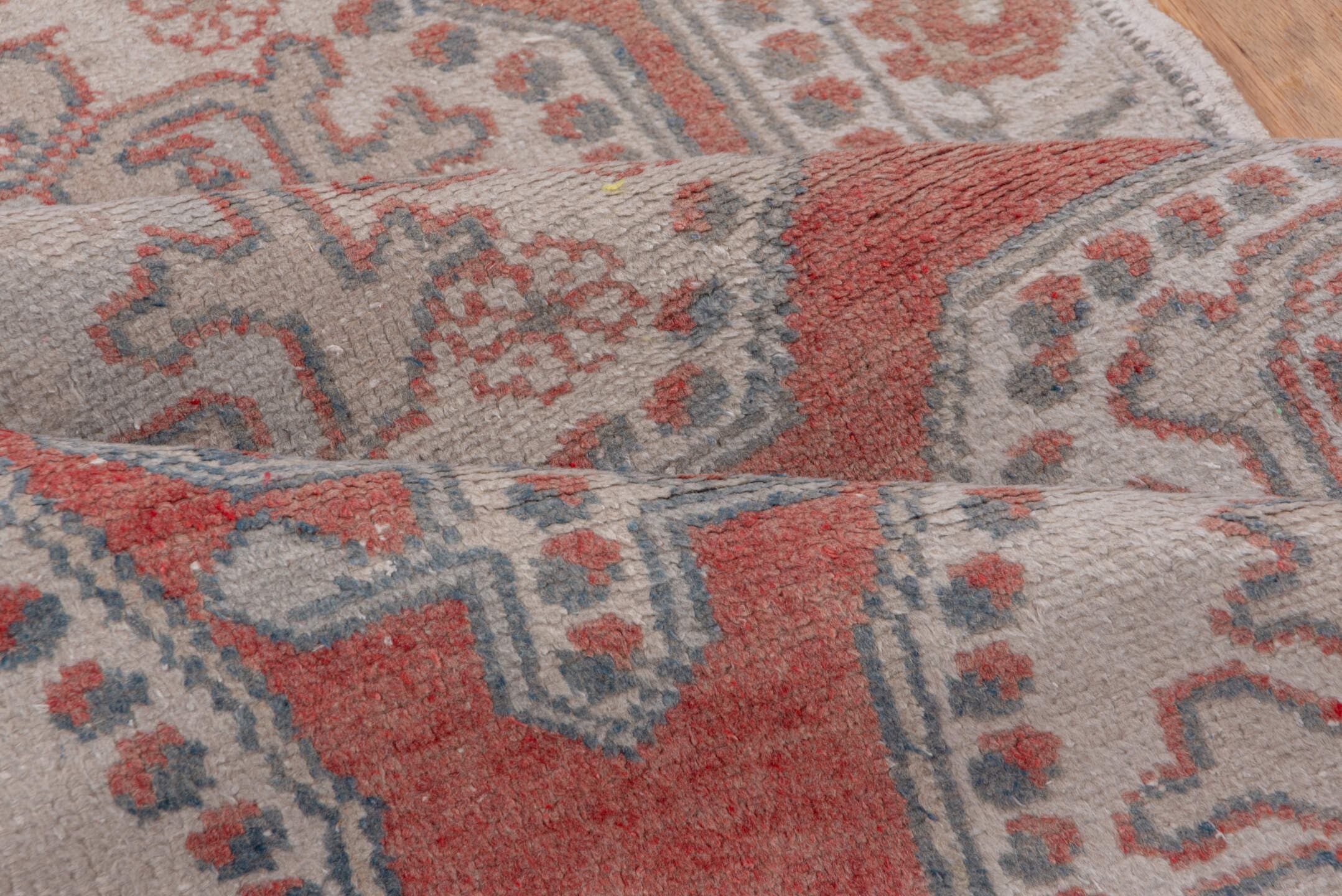 4' x 7' one-of-a-kind handmade vintage Oushak rug. Color palette: ivory, coral, blue_gray, taupe, sage, terracotta, gray