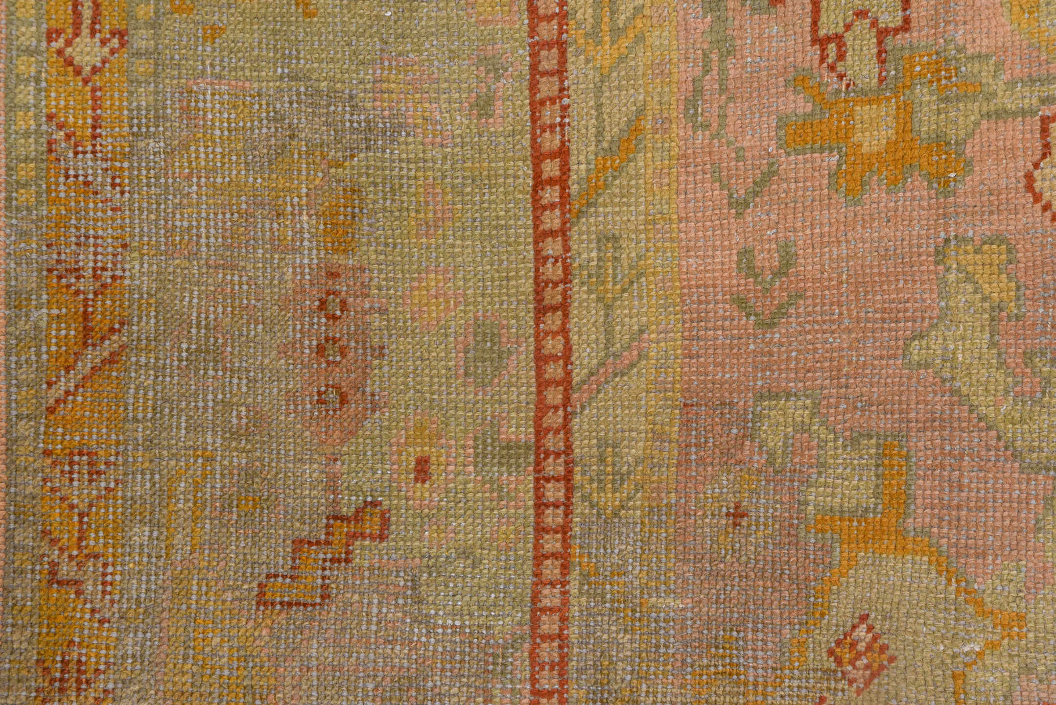 8' x 11' one-of-a-kind handmade antique Oushak large size rug. Color palette: blush, ivory, pale gold, terra cotta, sage