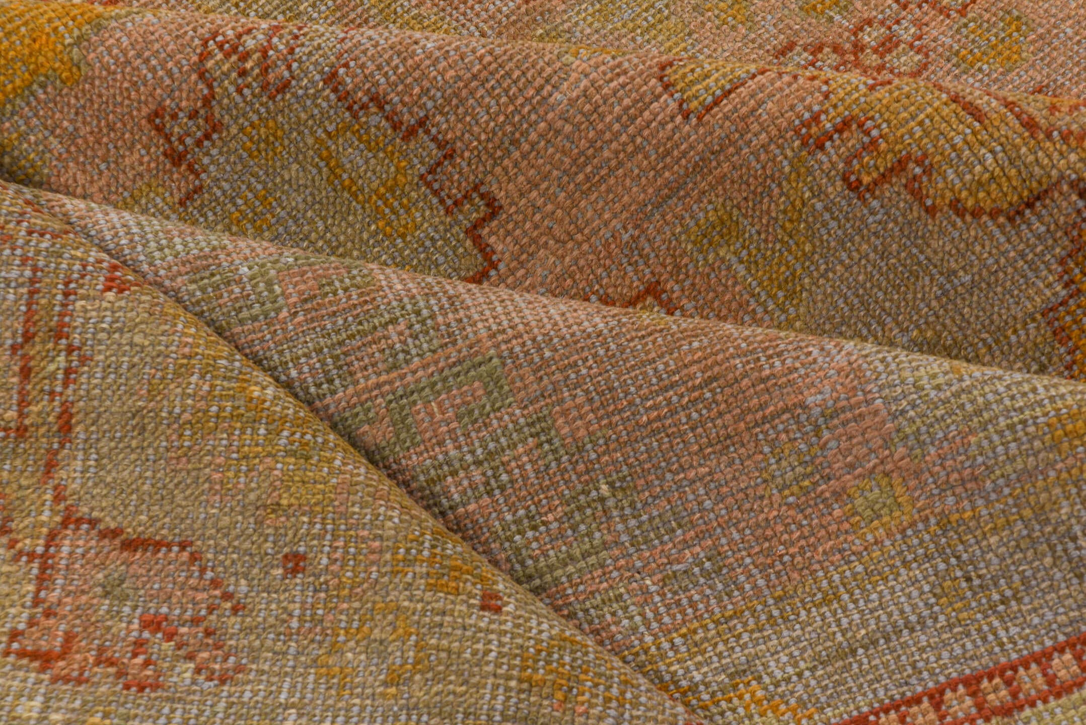 8' x 11' one-of-a-kind handmade antique Oushak large size rug. Color palette: blush, ivory, pale gold, terra cotta, sage
