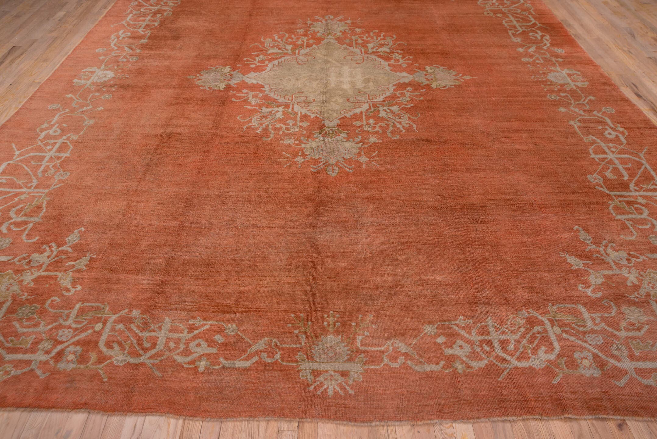 13' x 18' one-of-a-kind handmade vintage Oushak oversize rug. Color palette: terracotta, ivory, peach, taupe, camel, brown