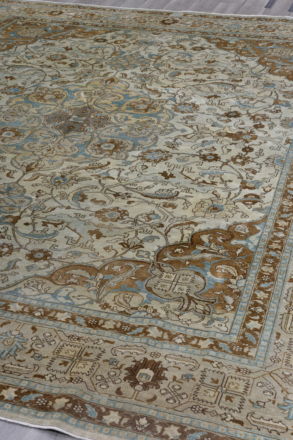 10' x 12' one-of-a-kind handmade antique Tabriz large size rug. Color palette: ivory, camel, sky_blue, taupe, brown, beige