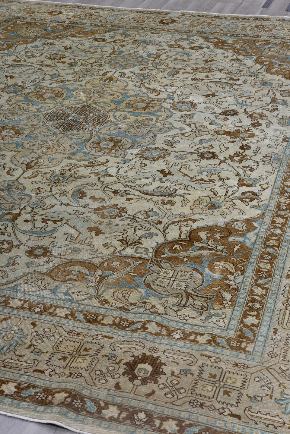 10' x 12' one-of-a-kind handmade antique Tabriz large size rug. Color palette: ivory, camel, sky_blue, taupe, brown, beige