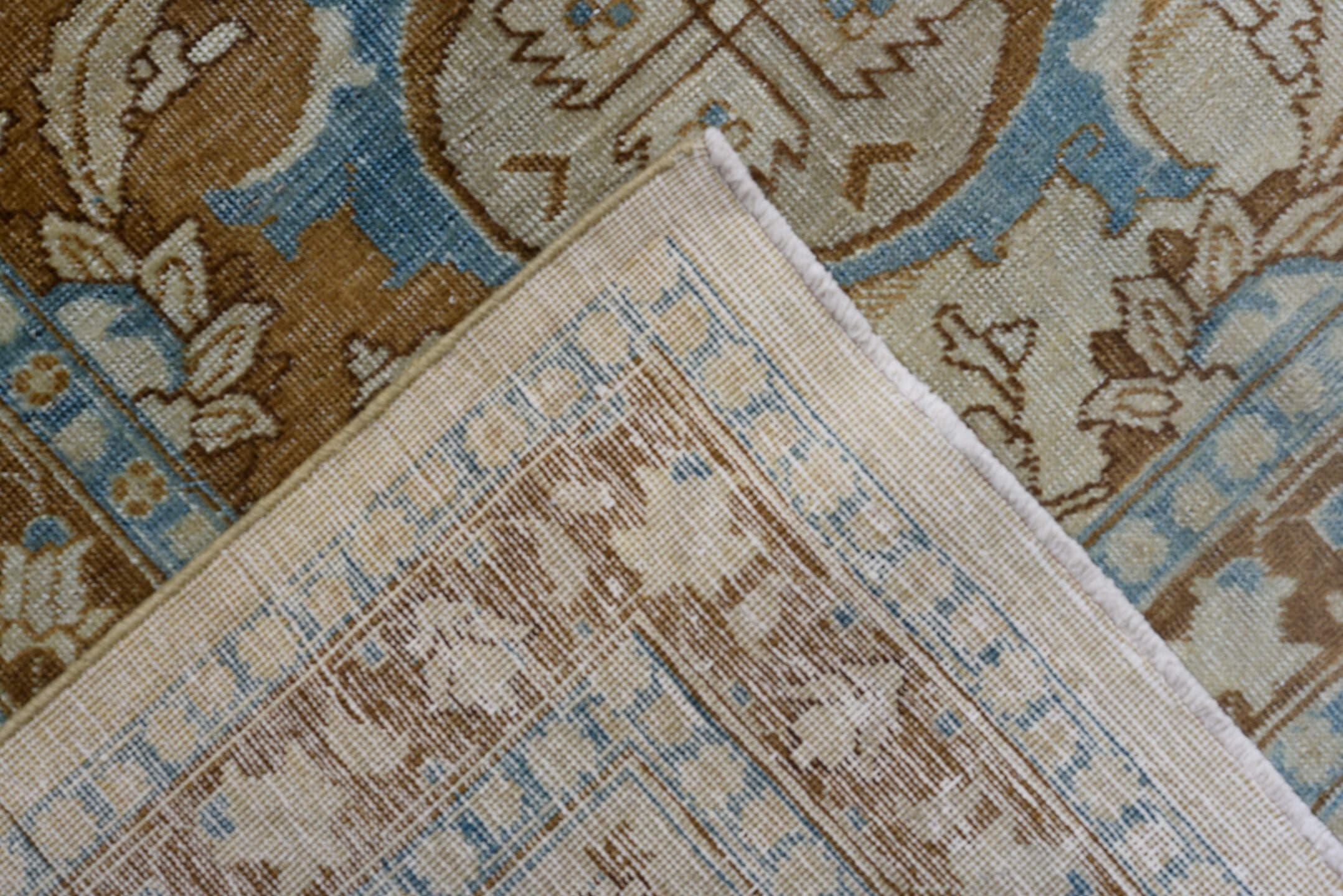 10' x 12' one-of-a-kind handmade antique Tabriz large size rug. Color palette: ivory, camel, sky_blue, taupe, brown, beige