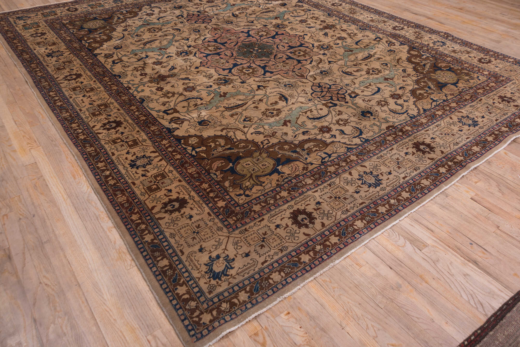 10' x 12' one-of-a-kind handmade antique Tabriz large size rug. Color palette: ivory, camel, sky_blue, taupe, brown, beige