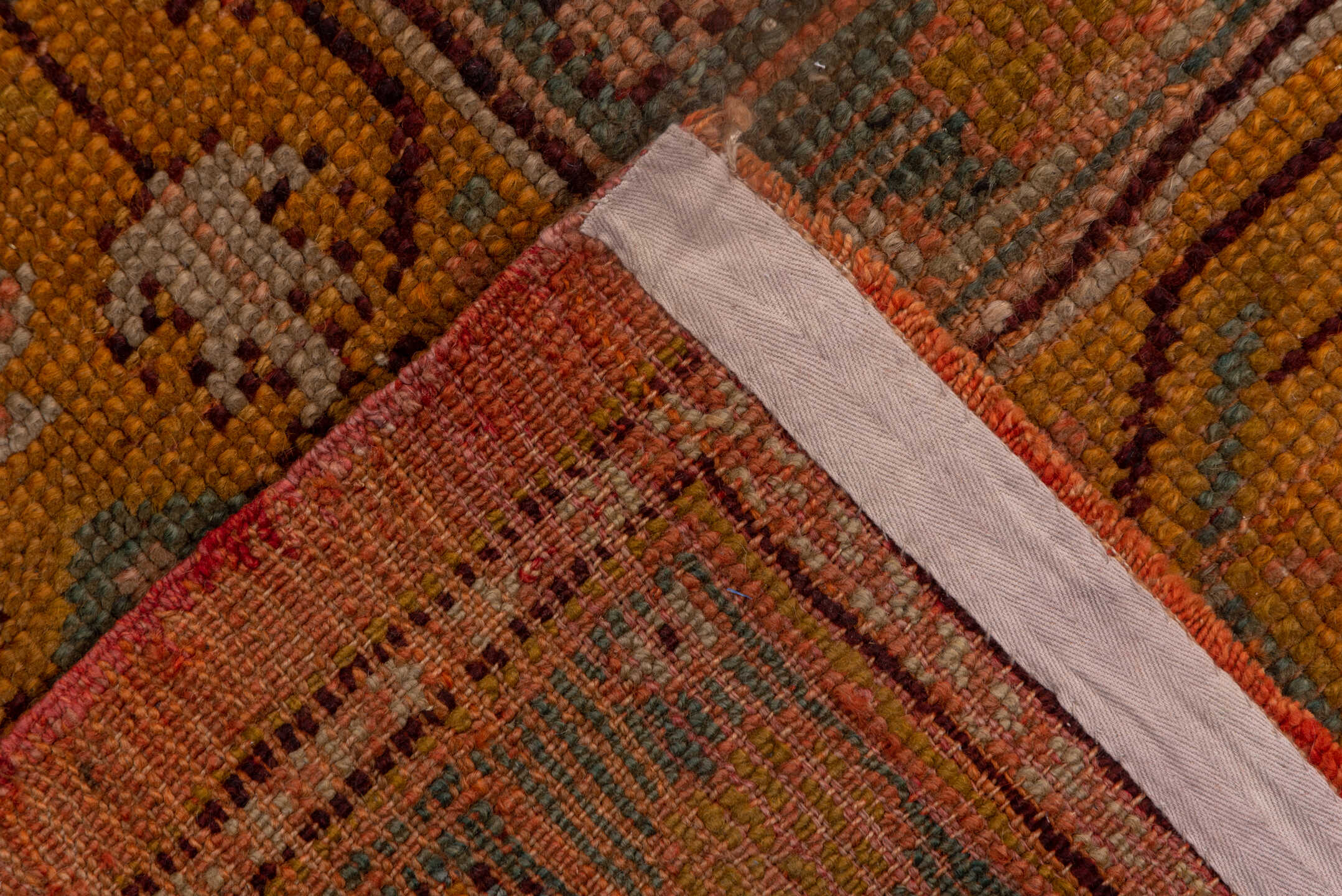 8' x 11' one-of-a-kind handmade vintage Oushak large size rug. Color palette: terracotta, ochre, blue gray, taupe, ivory