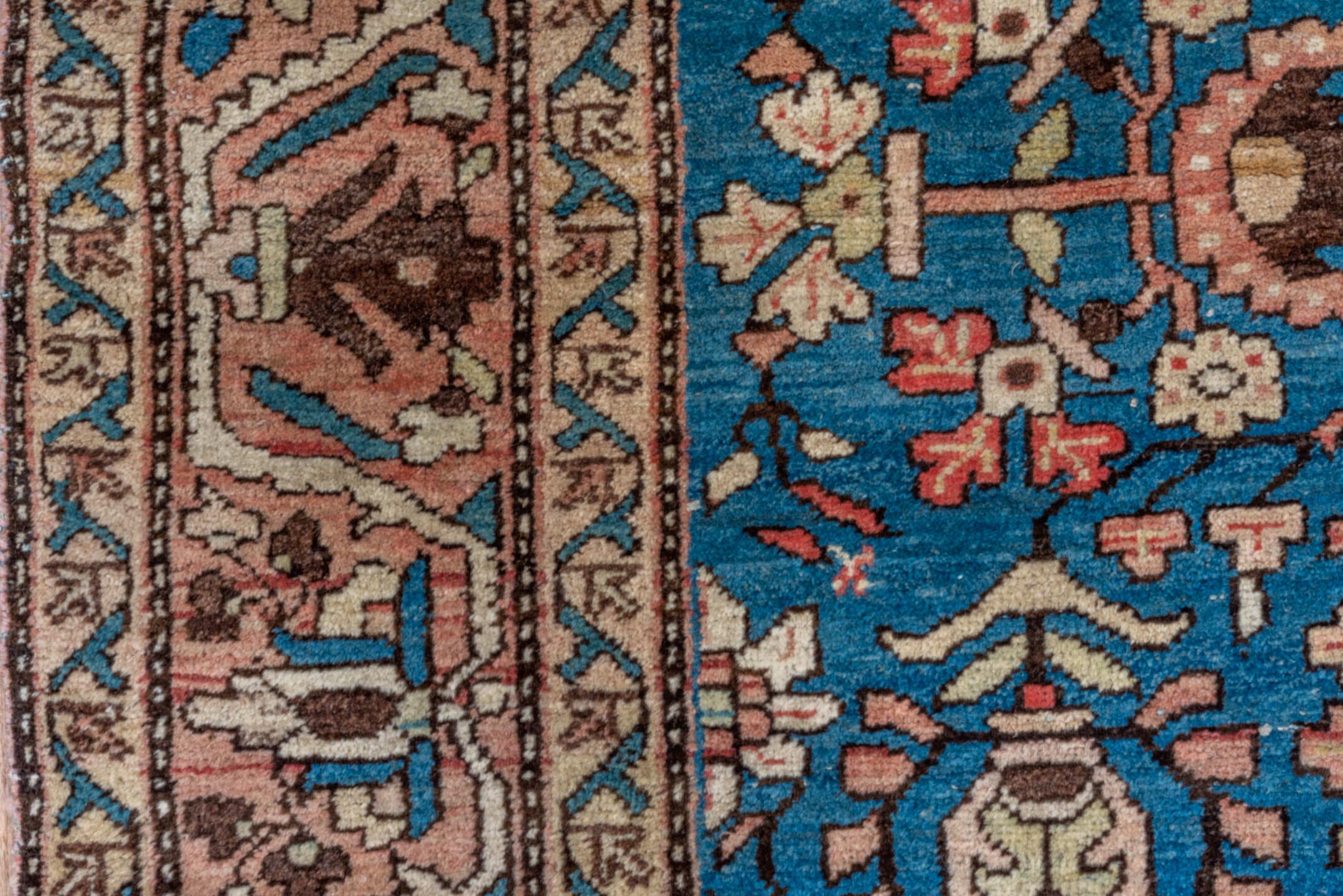 4' x 6' one-of-a-kind handmade antique Sarouk small size rug. Color palette: blue, ivory, blush, brown, coral, sage