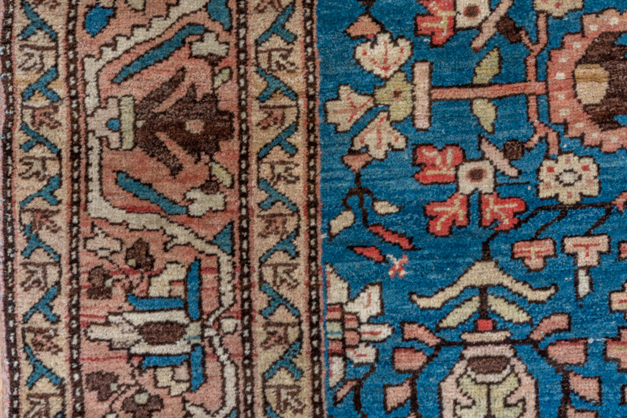 4' x 6' one-of-a-kind handmade antique Sarouk small size rug. Color palette: blue, ivory, blush, brown, coral, sage