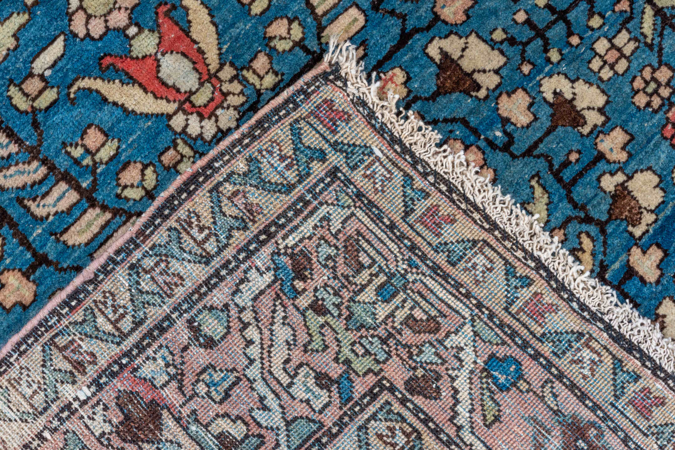 4' x 6' one-of-a-kind handmade antique Sarouk small size rug. Color palette: blue, ivory, blush, brown, coral, sage