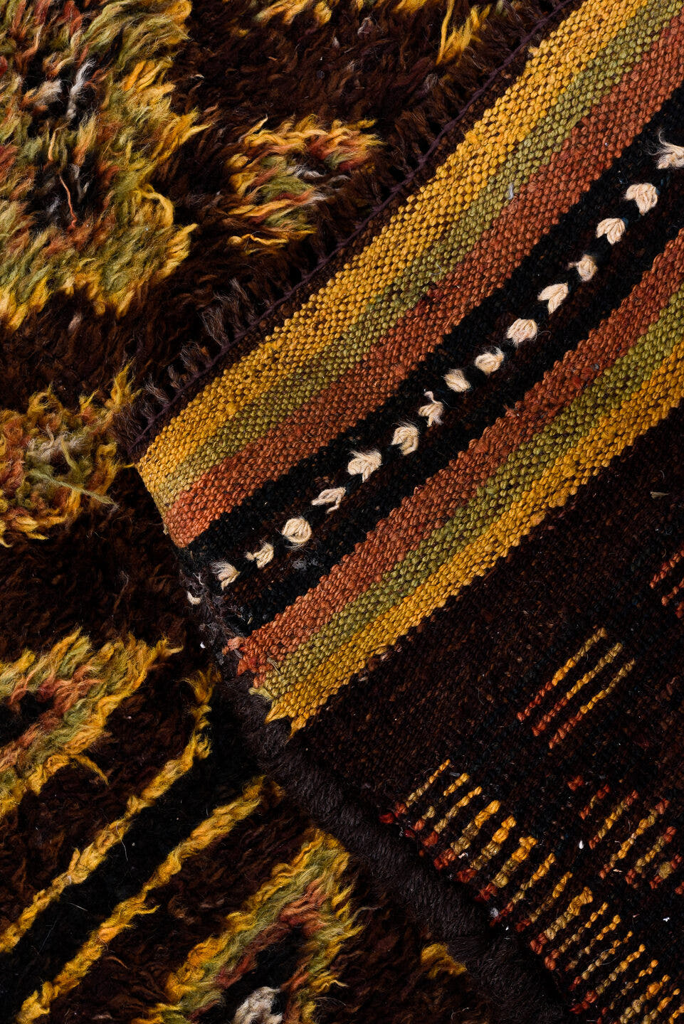 5' x 8' one-of-a-kind handmade antique Ouzbek medium size rug. Color palette: brown, camel, rust, charcoal, taupe, slate