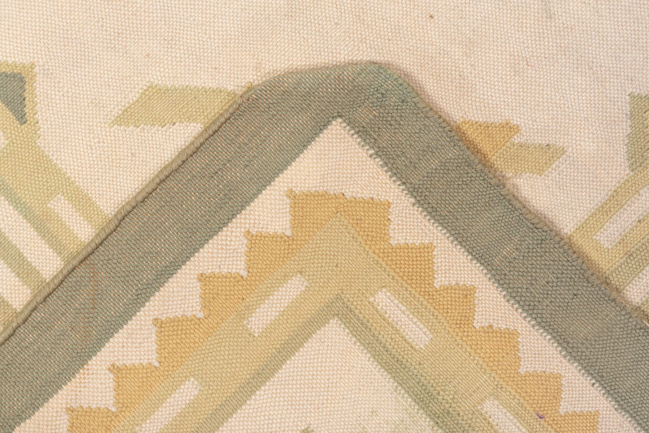 6' x 9' one-of-a-kind handmade antique Dhurrie medium size rug. Color palette: ivory, taupe, sage, sand, cream, beige, gray